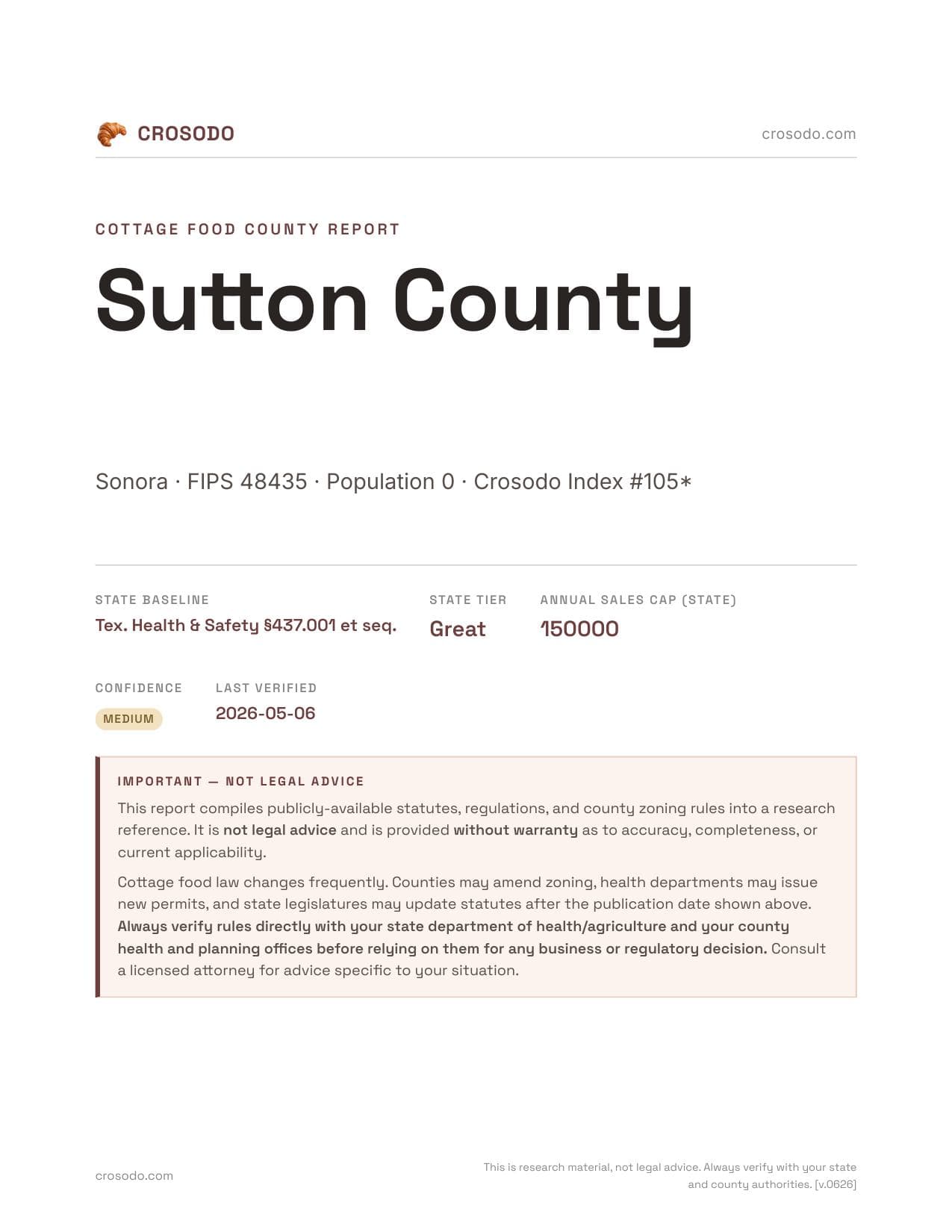 Cover of Sutton County county cottage food report