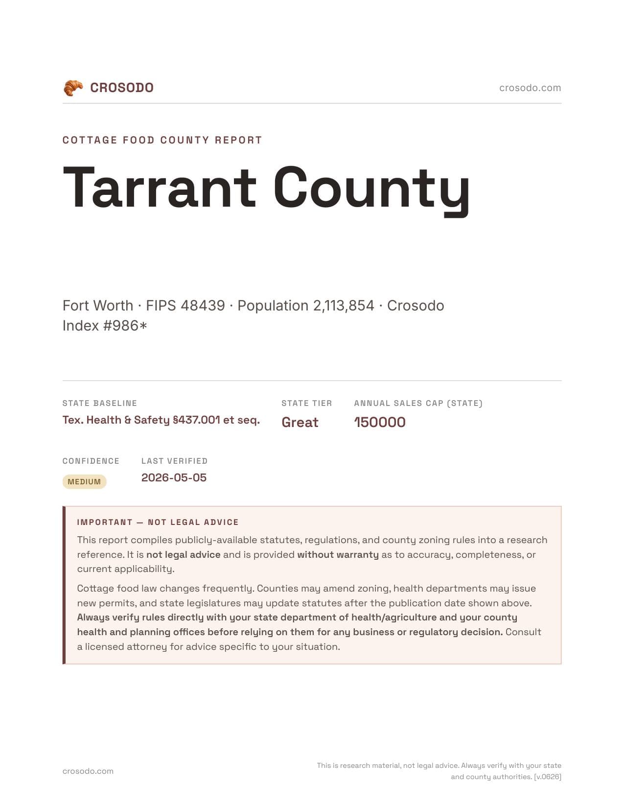 Cover of Tarrant County county cottage food report