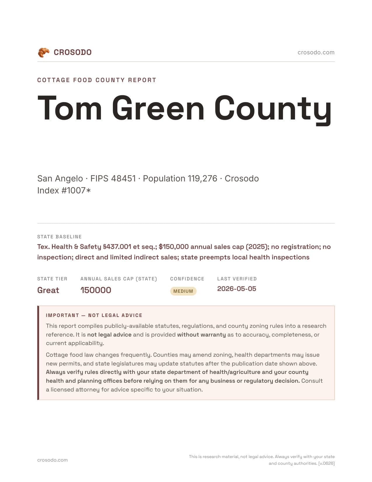 Cover of Tom Green County county cottage food report