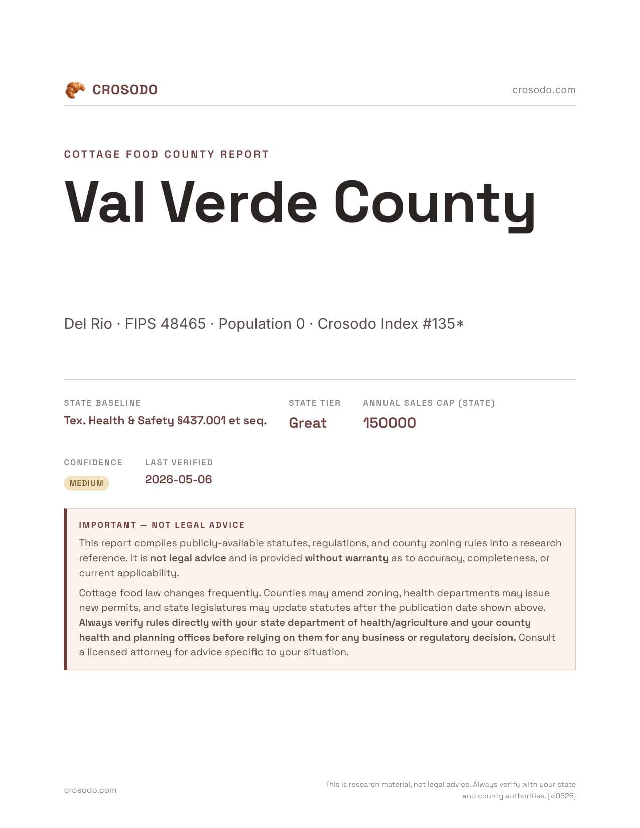 Cover of Val Verde County county cottage food report