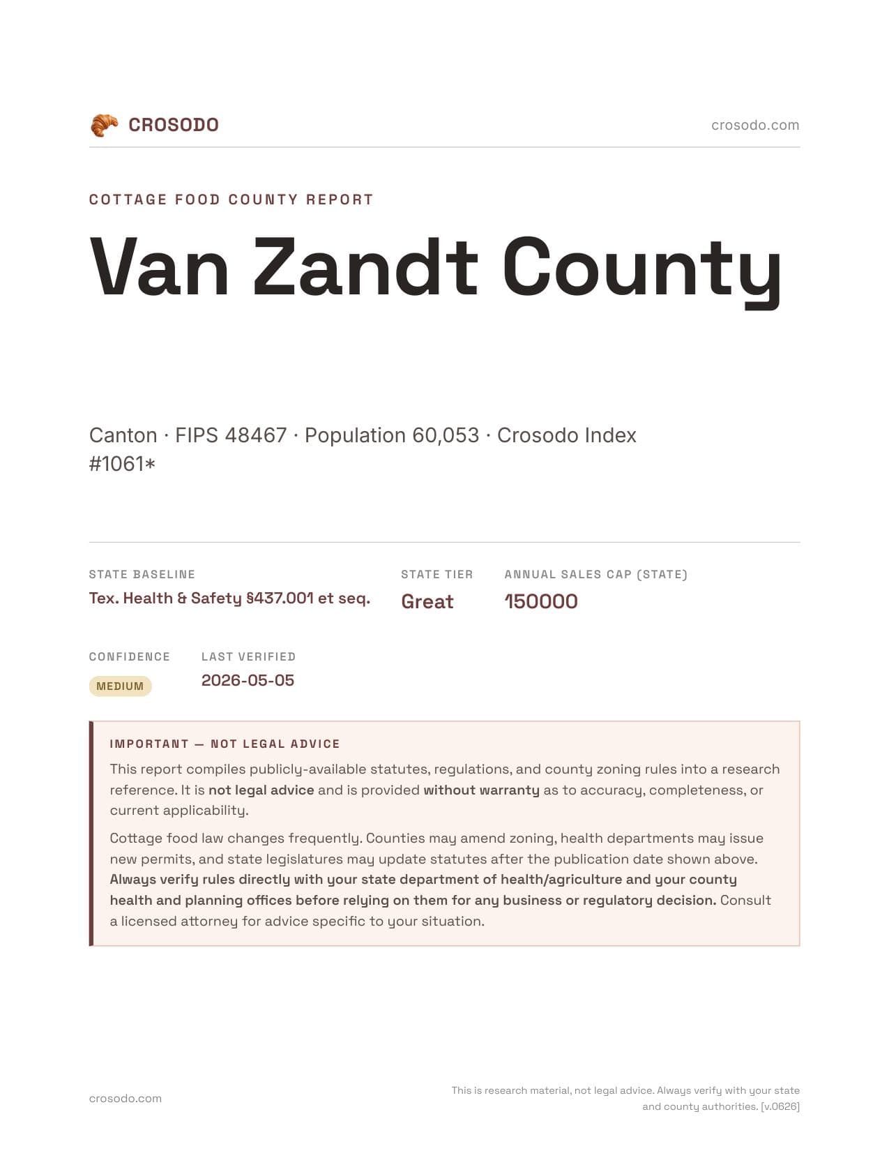 Cover of Van Zandt County county cottage food report