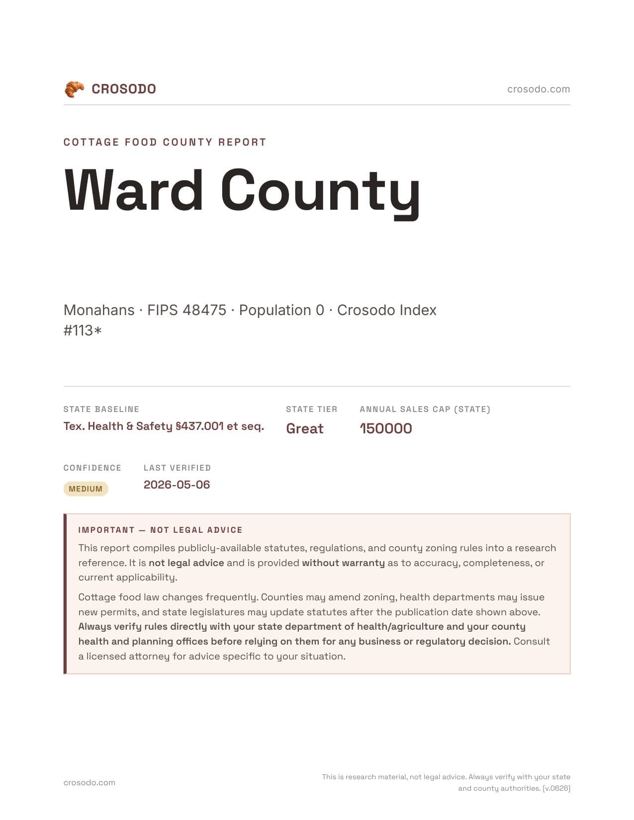 Cover of Ward County county cottage food report