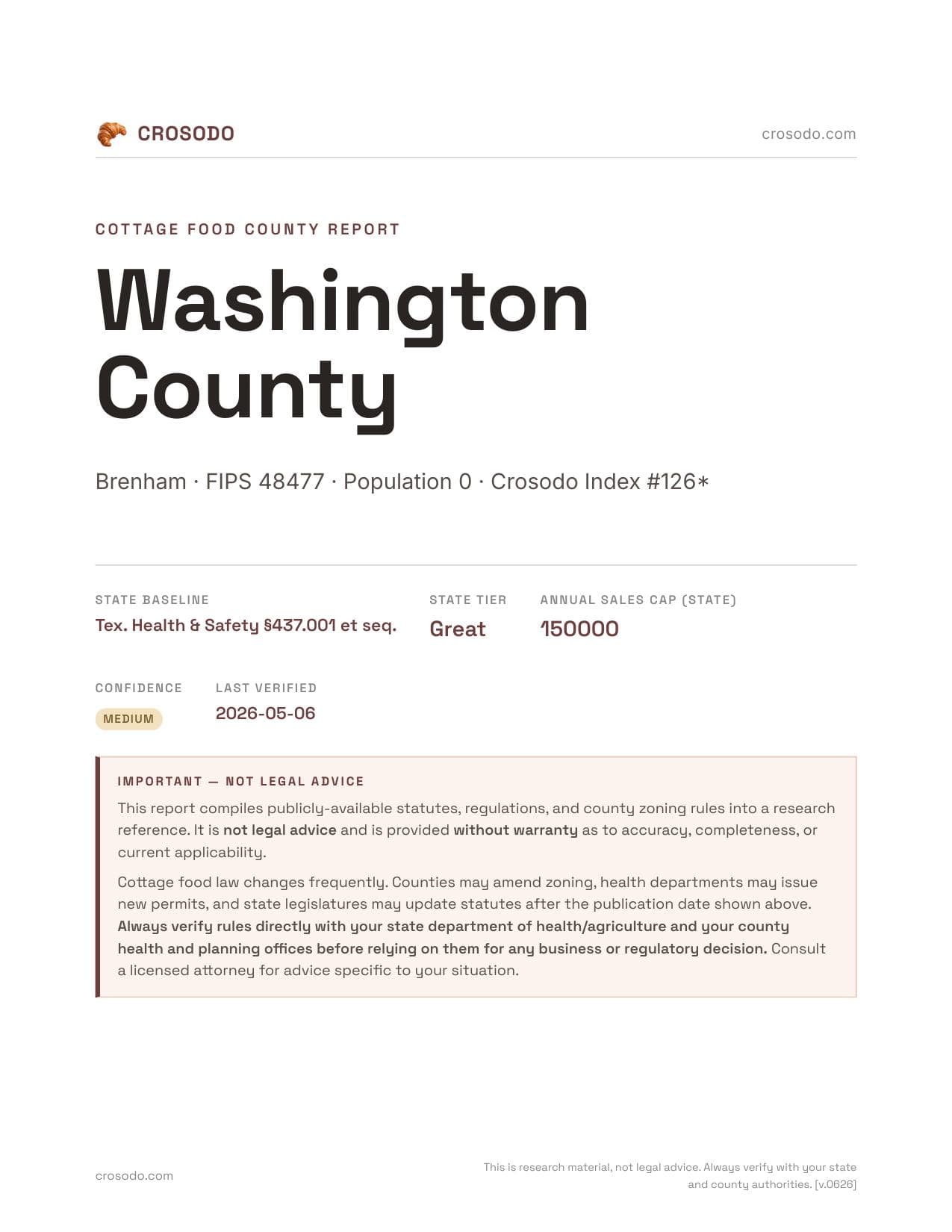 Cover of Washington County county cottage food report