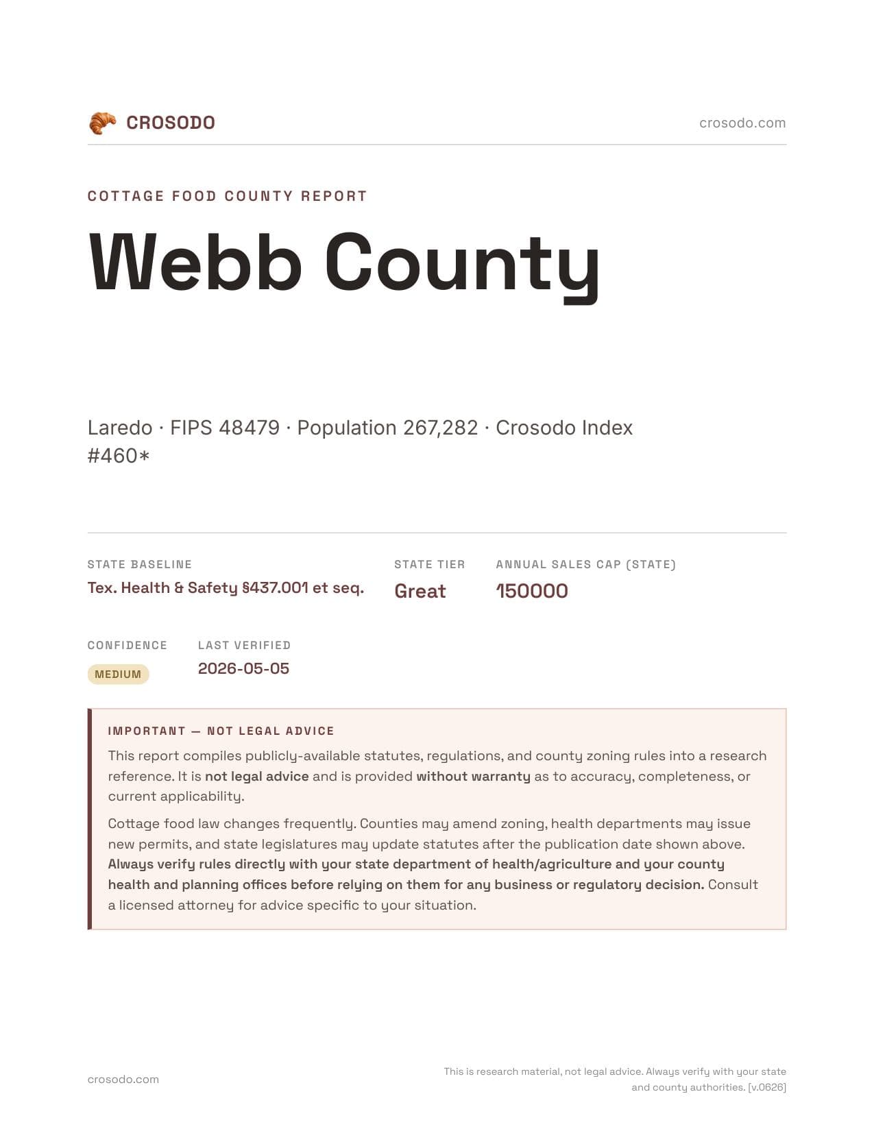 Cover of Webb County county cottage food report