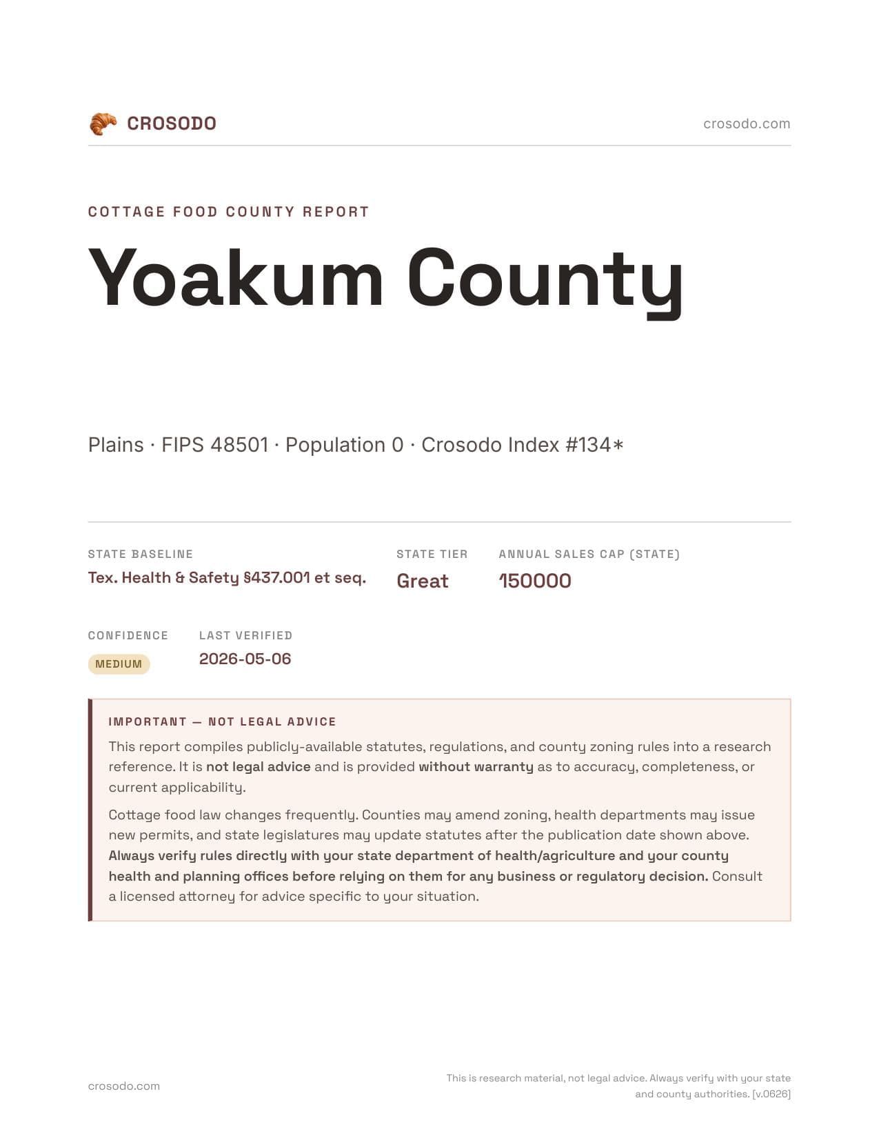 Cover of Yoakum County county cottage food report