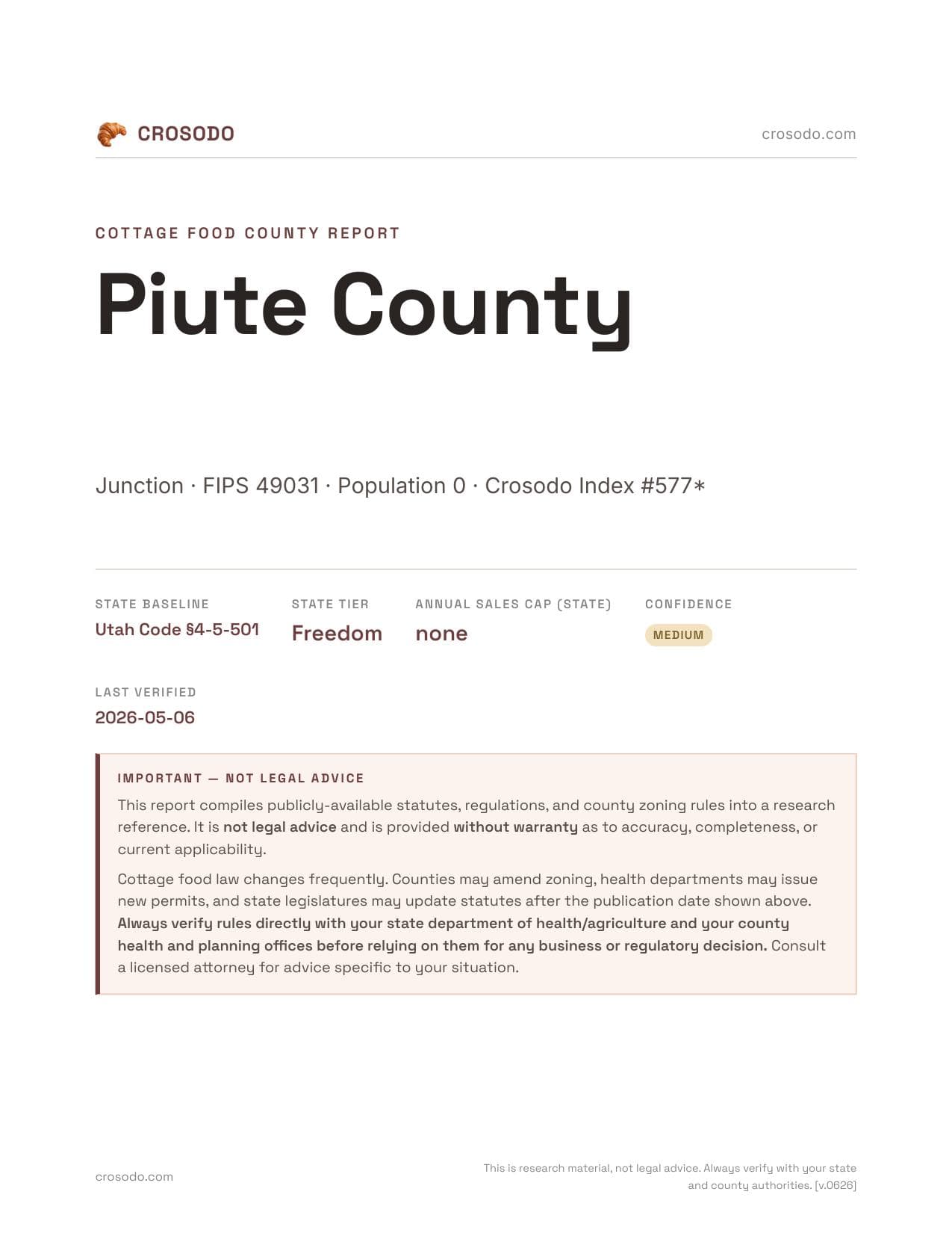 Cover of Piute County county cottage food report