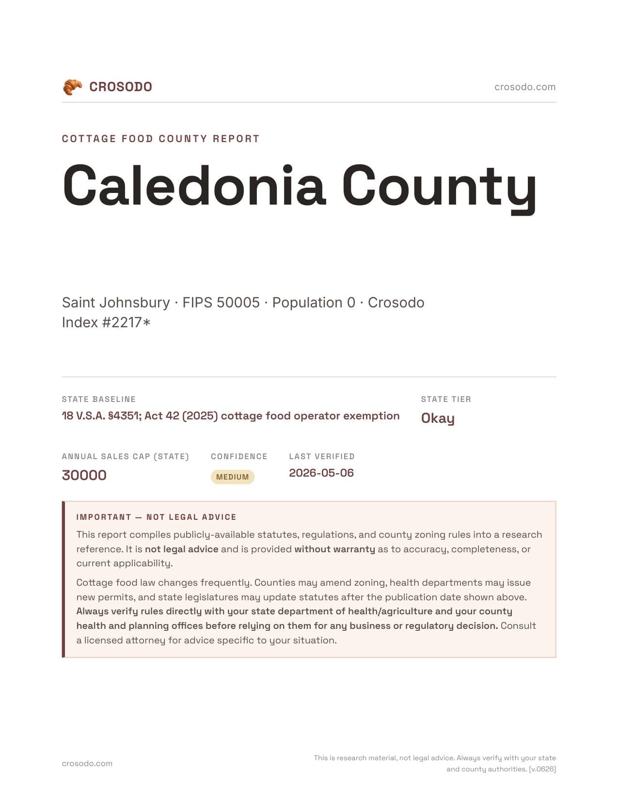 Cover of Caledonia County county cottage food report