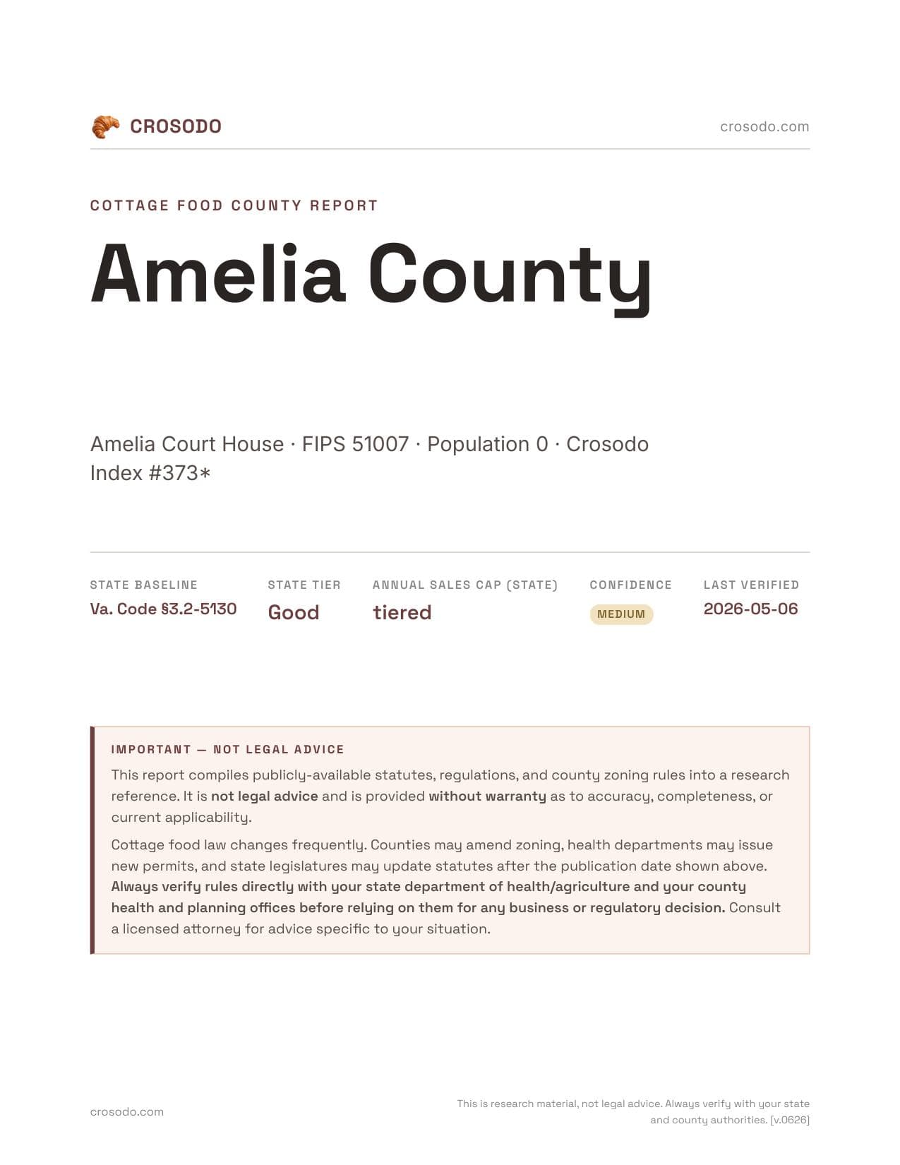 Cover of Amelia County county cottage food report