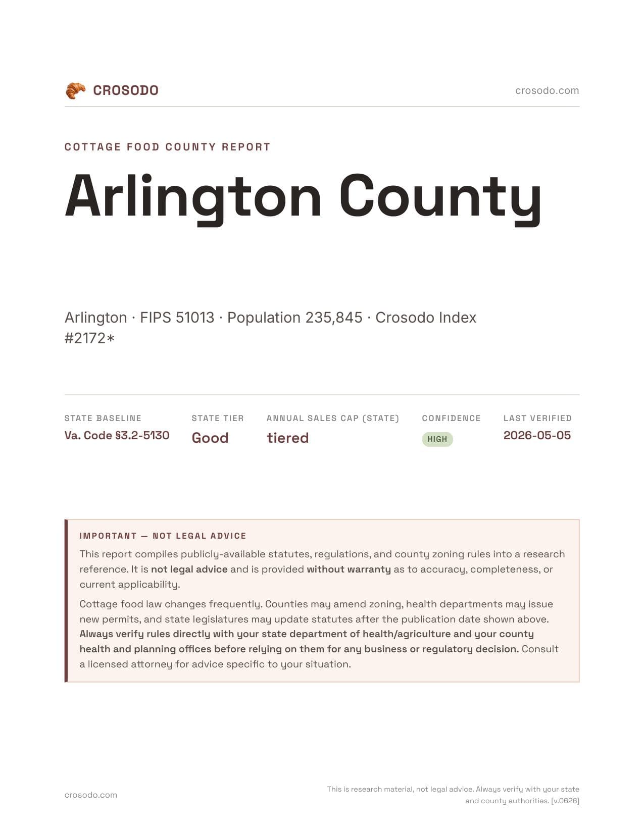 Cover of Arlington County county cottage food report