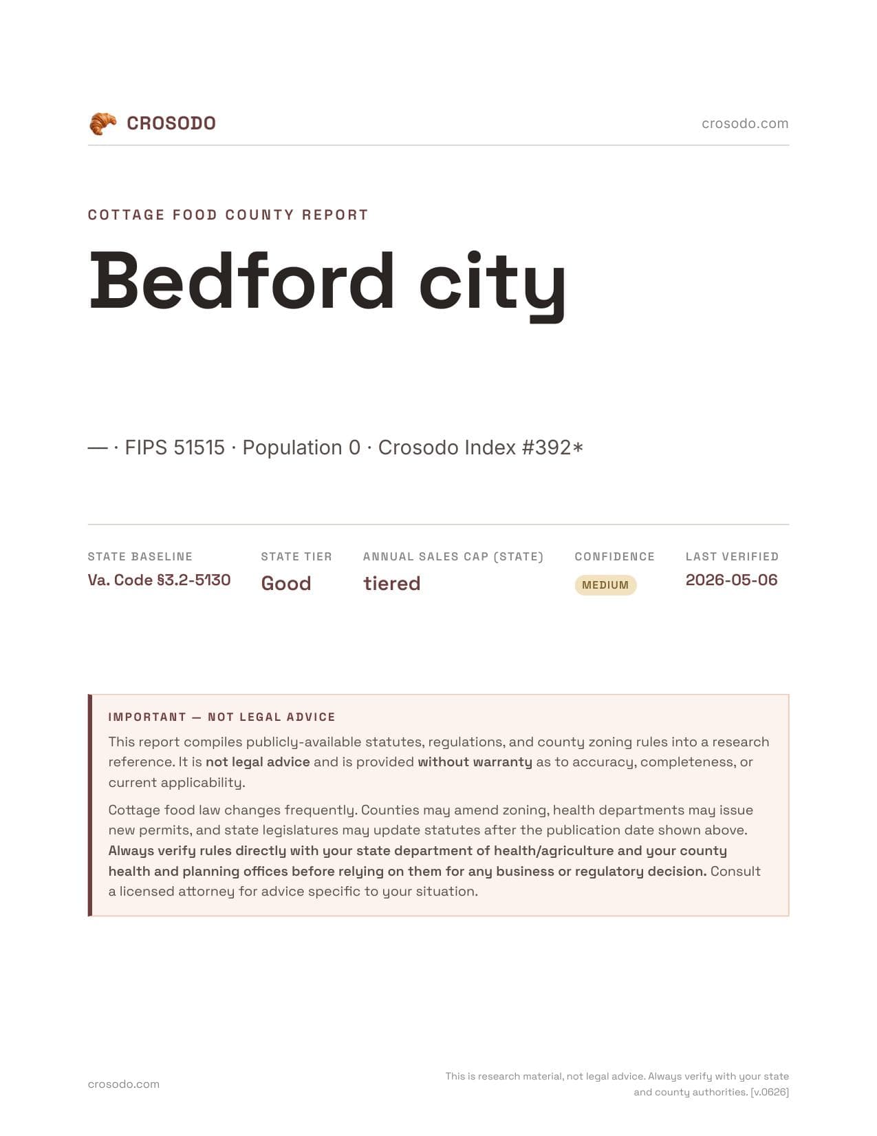 Cover of Bedford city county cottage food report