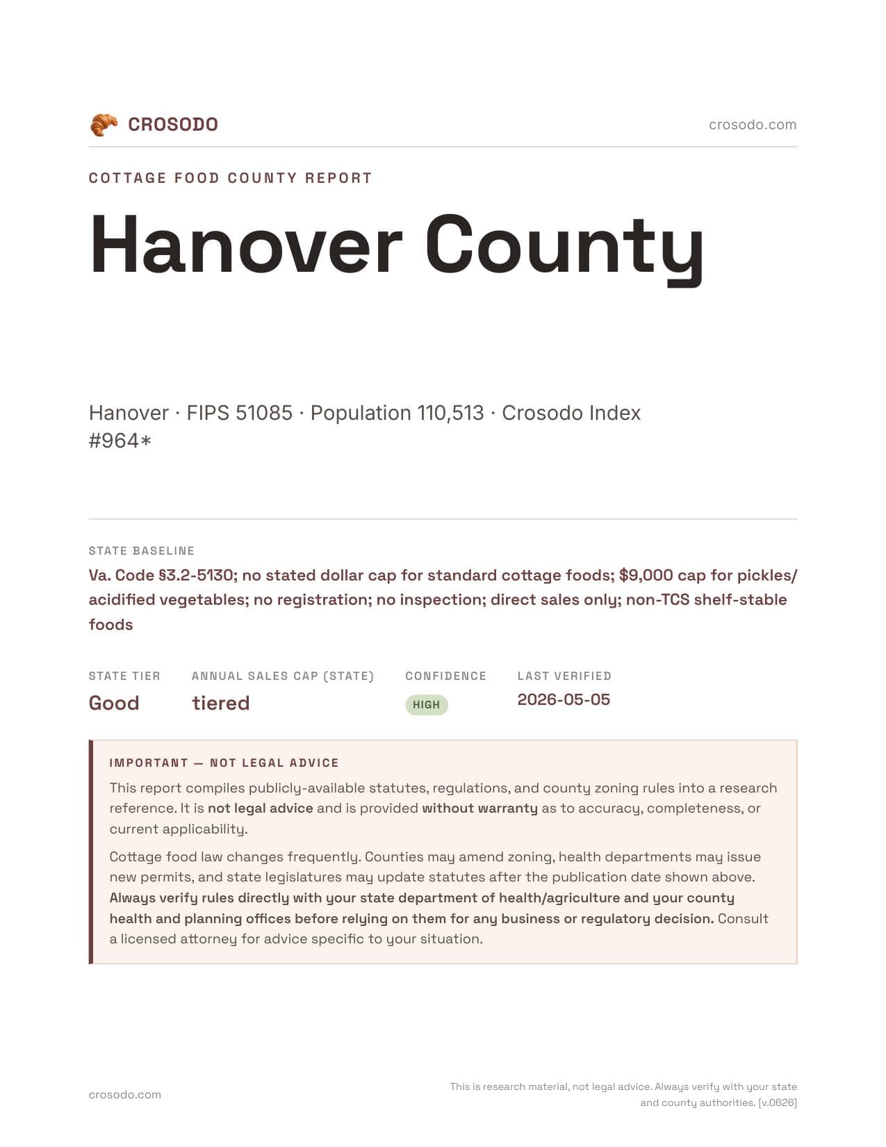 Cover of Hanover County county cottage food report