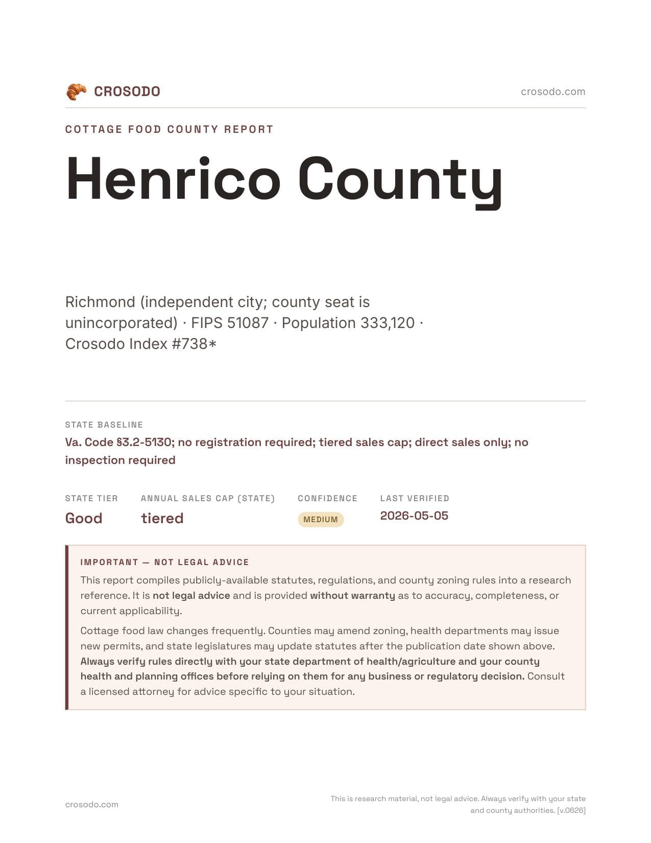 Cover of Henrico County county cottage food report