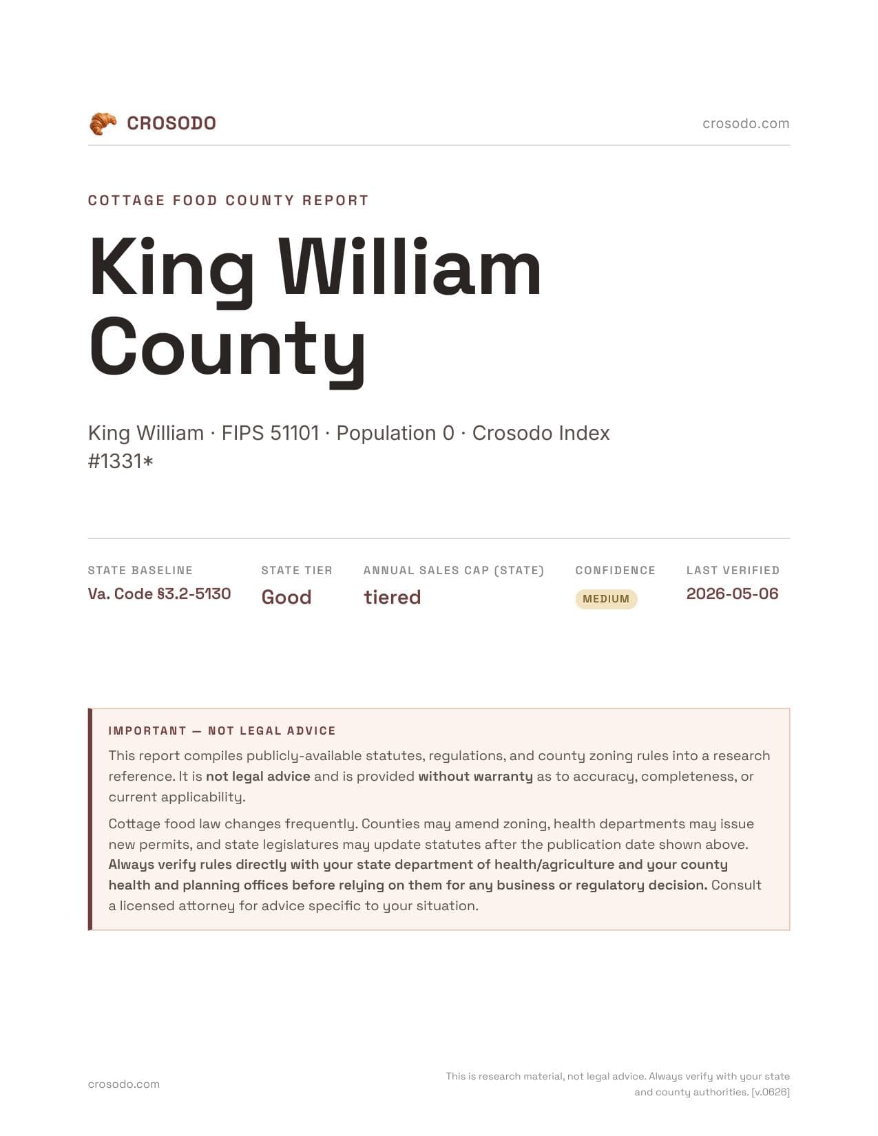 Cover of King William County county cottage food report