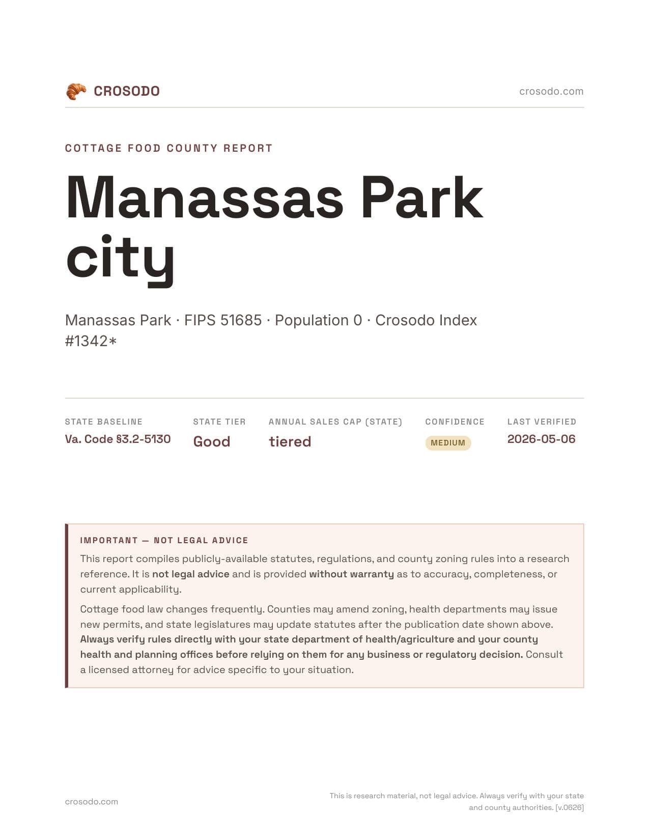 Cover of Manassas Park city county cottage food report