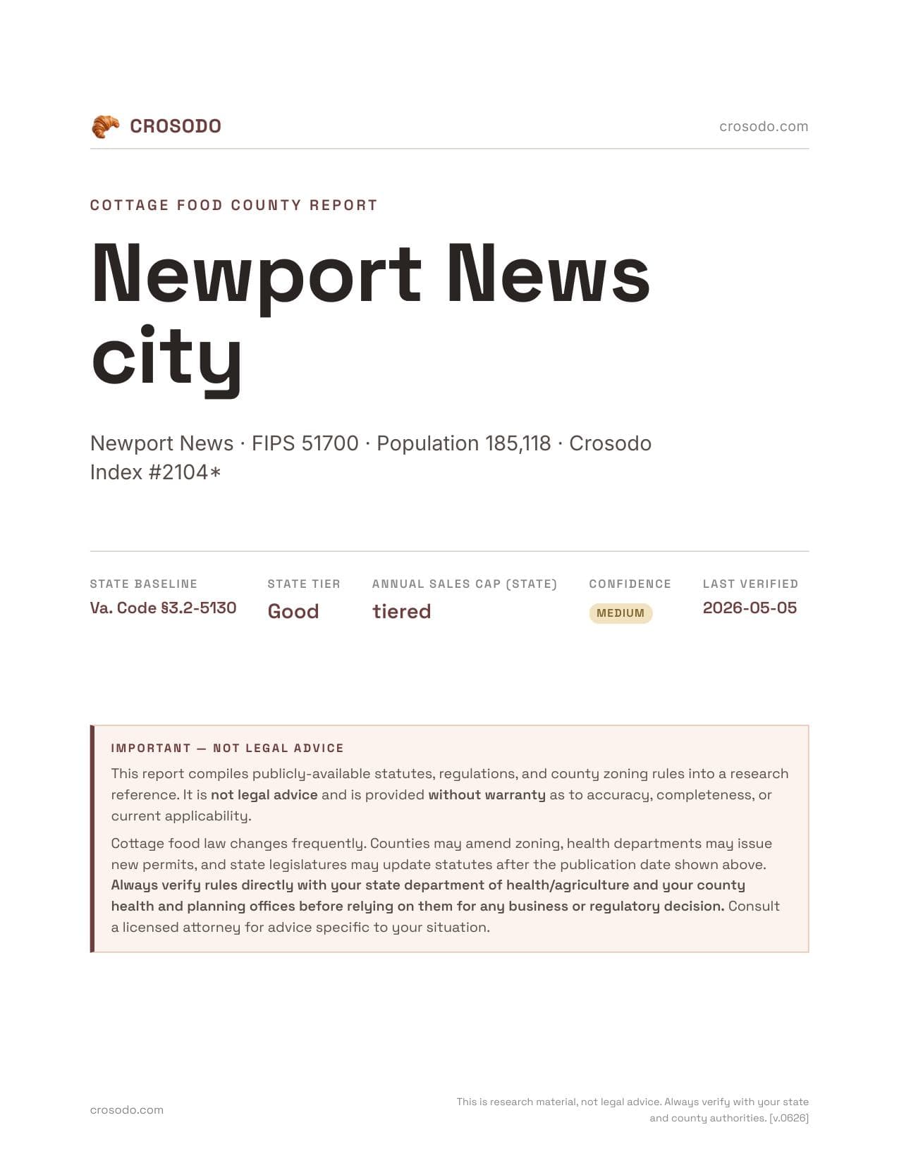 Cover of Newport News city county cottage food report