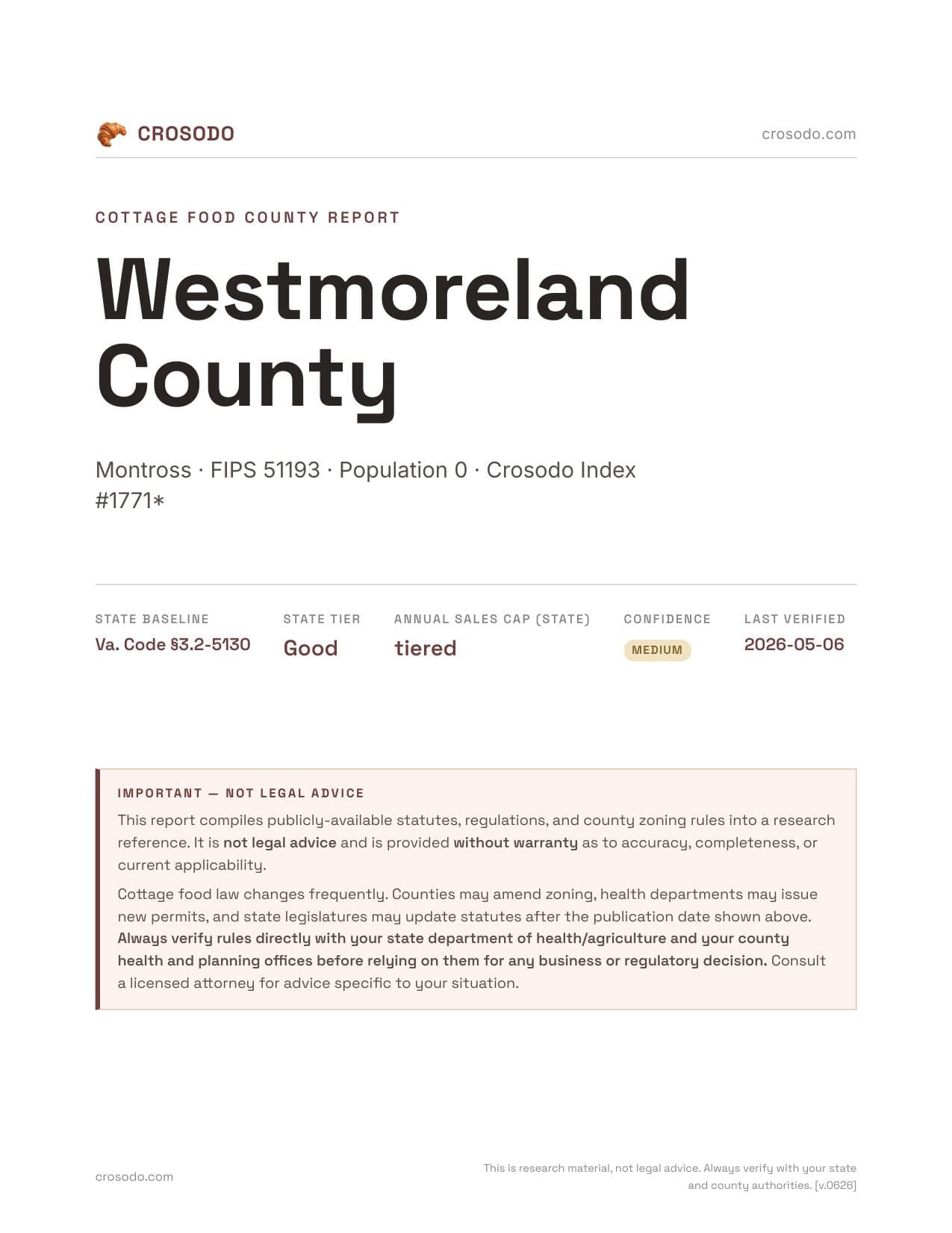 Cover of Westmoreland County county cottage food report