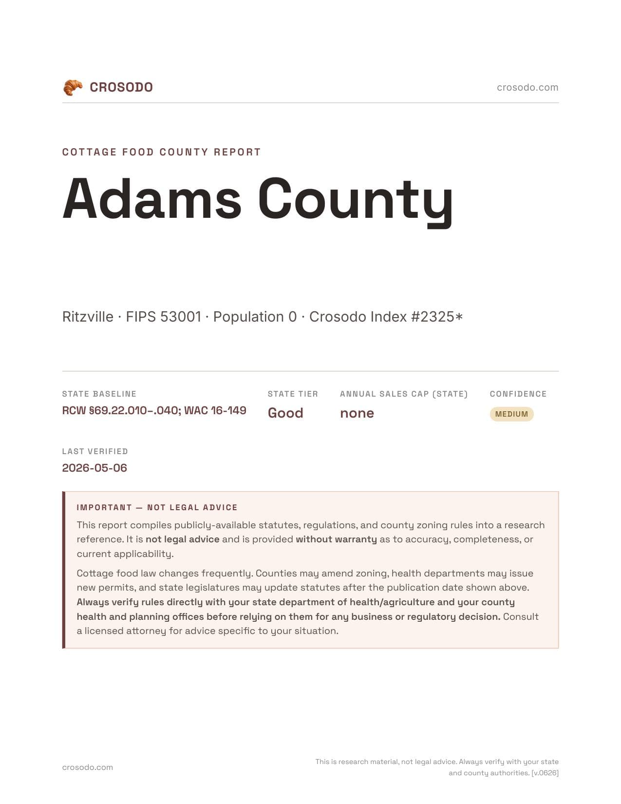 Cover of Adams County county cottage food report