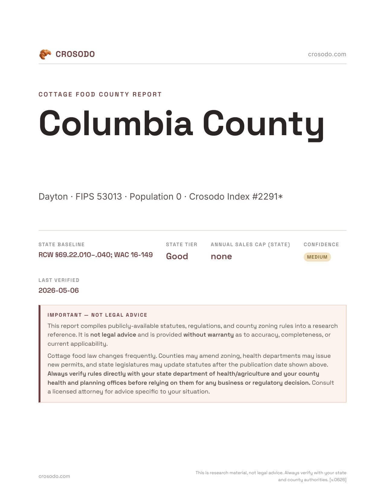 Cover of Columbia County county cottage food report