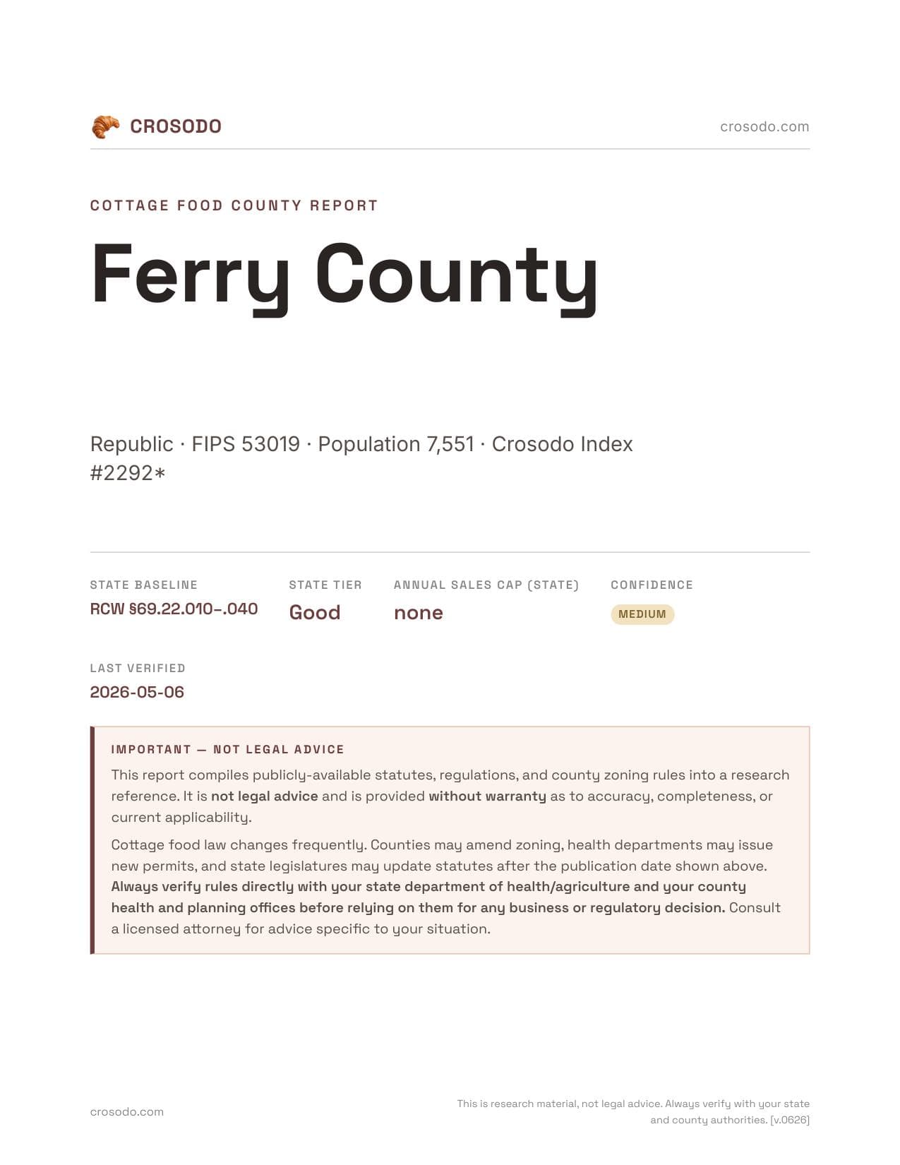 Cover of Ferry County county cottage food report