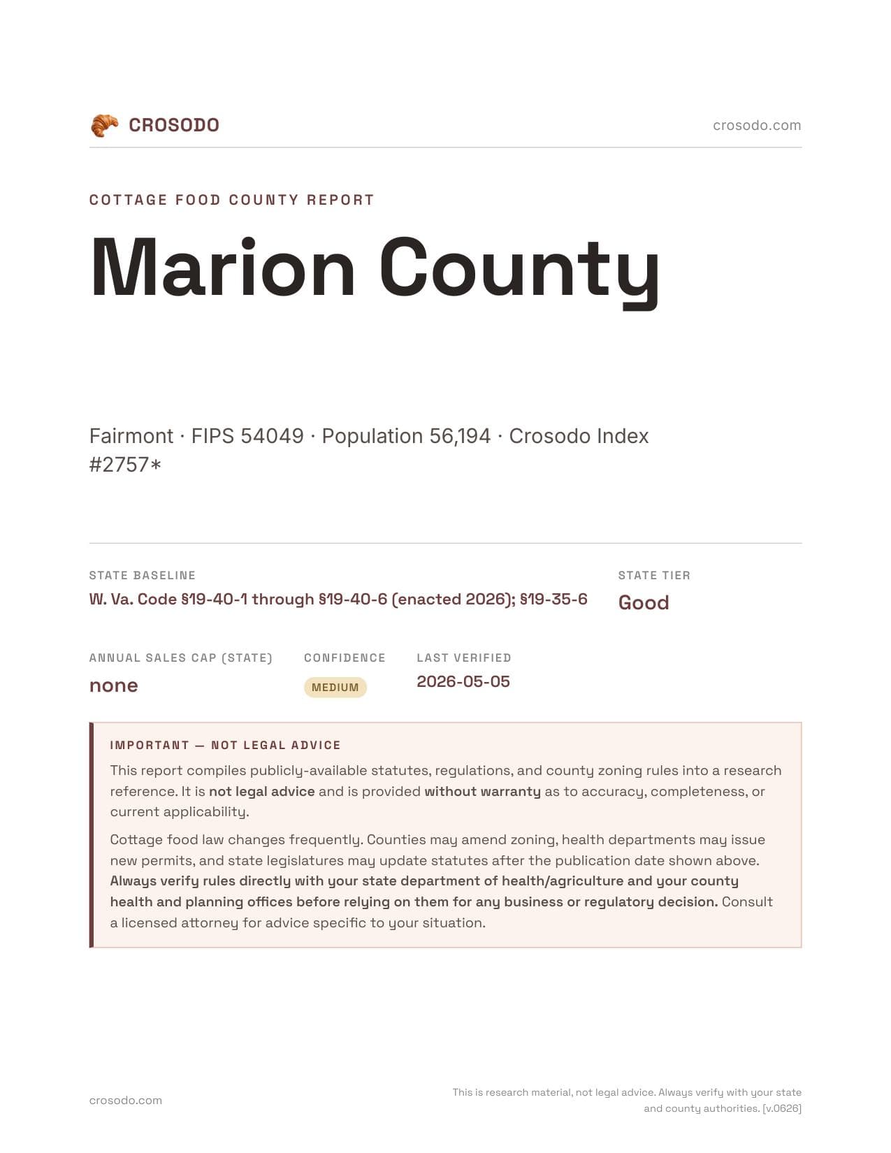 Cover of Marion County county cottage food report