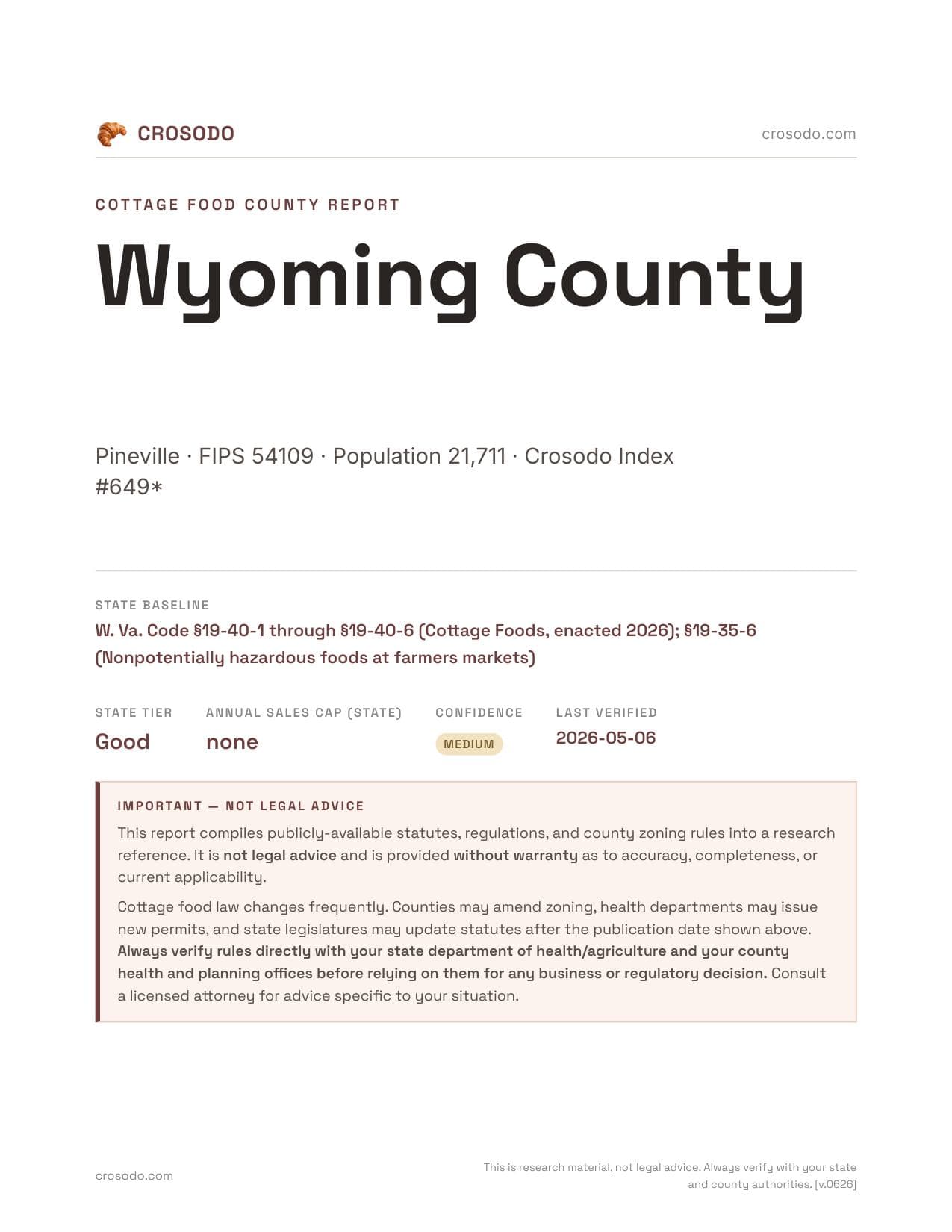 Cover of Wyoming County county cottage food report