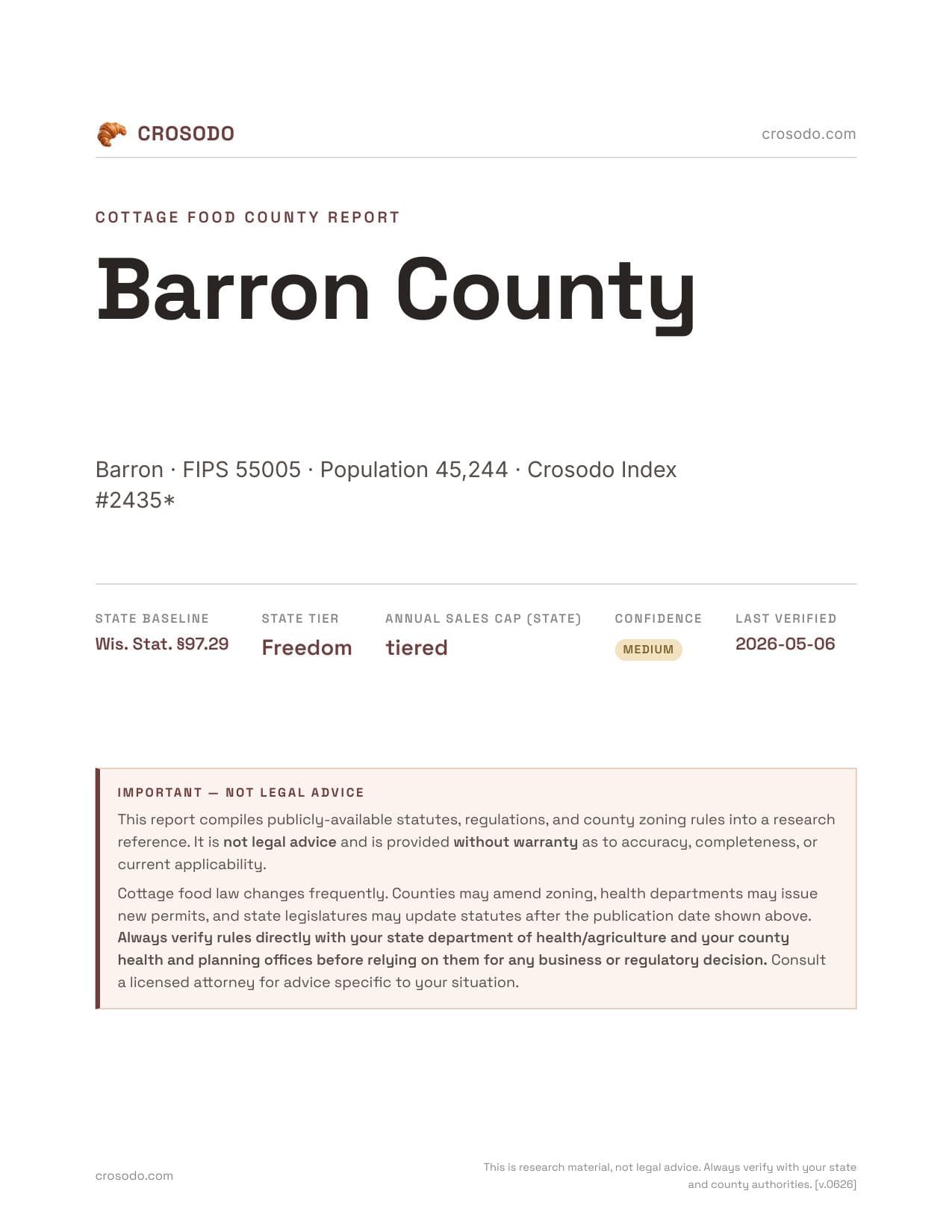 Cover of Barron County county cottage food report