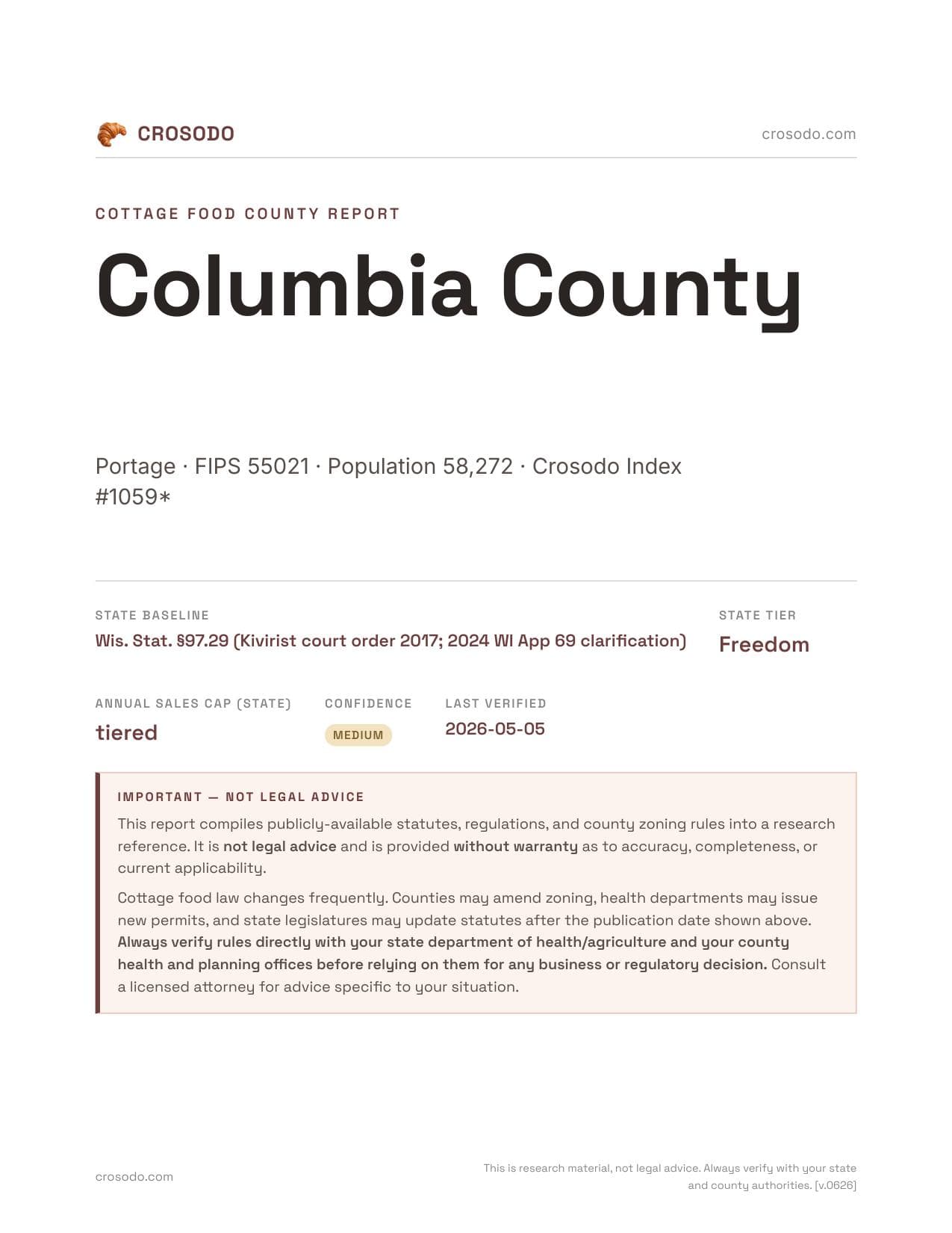 Cover of Columbia County county cottage food report