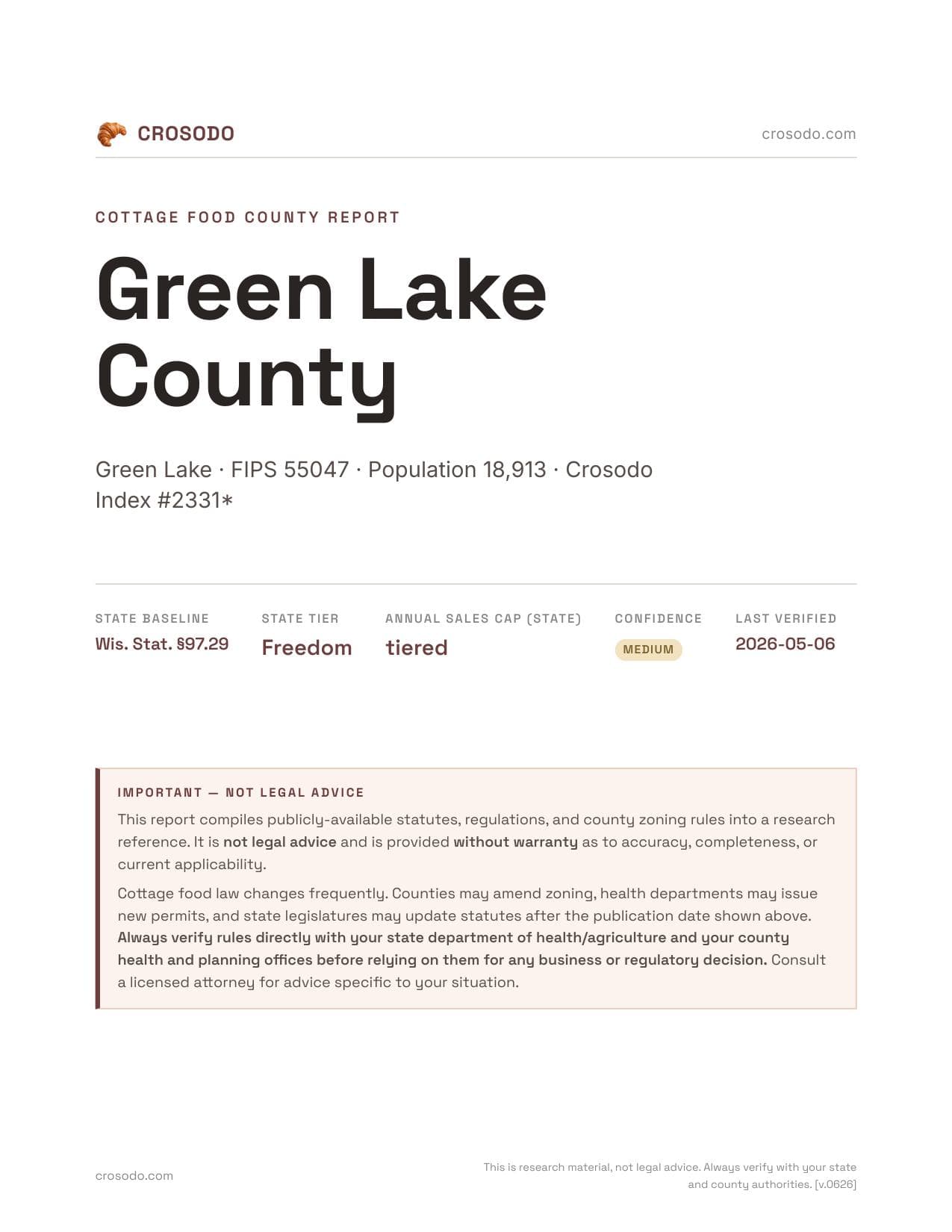 Cover of Green Lake County county cottage food report