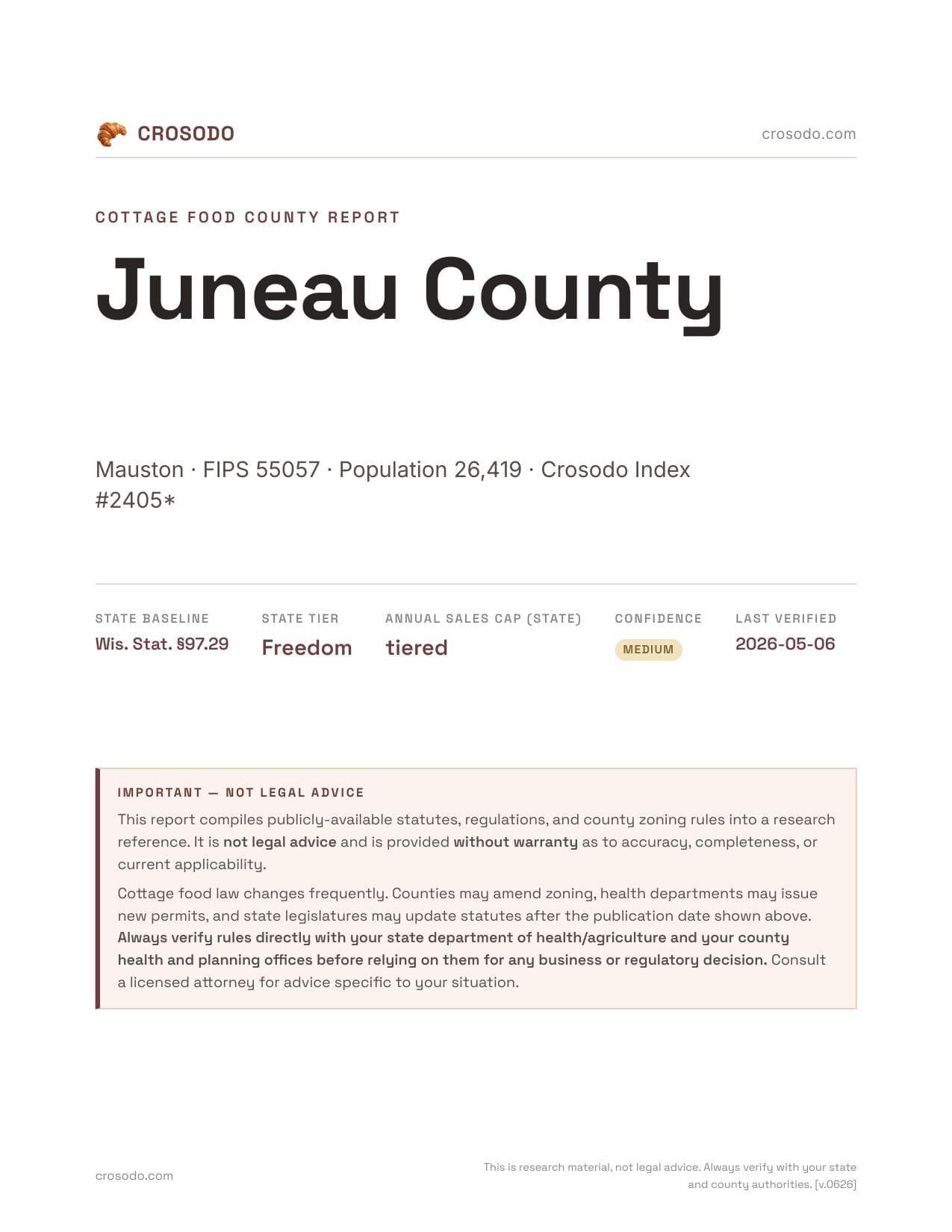 Cover of Juneau County county cottage food report