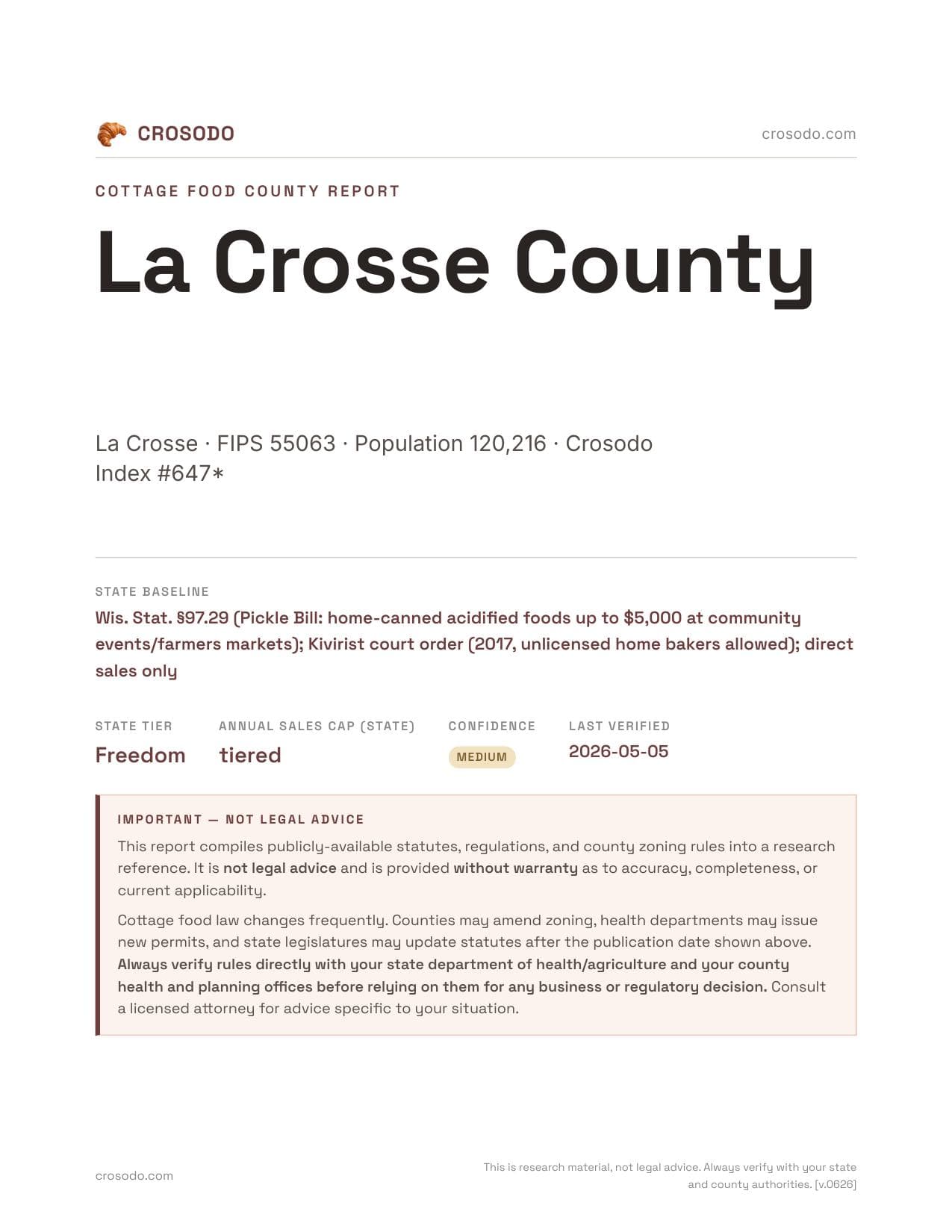Cover of La Crosse County county cottage food report