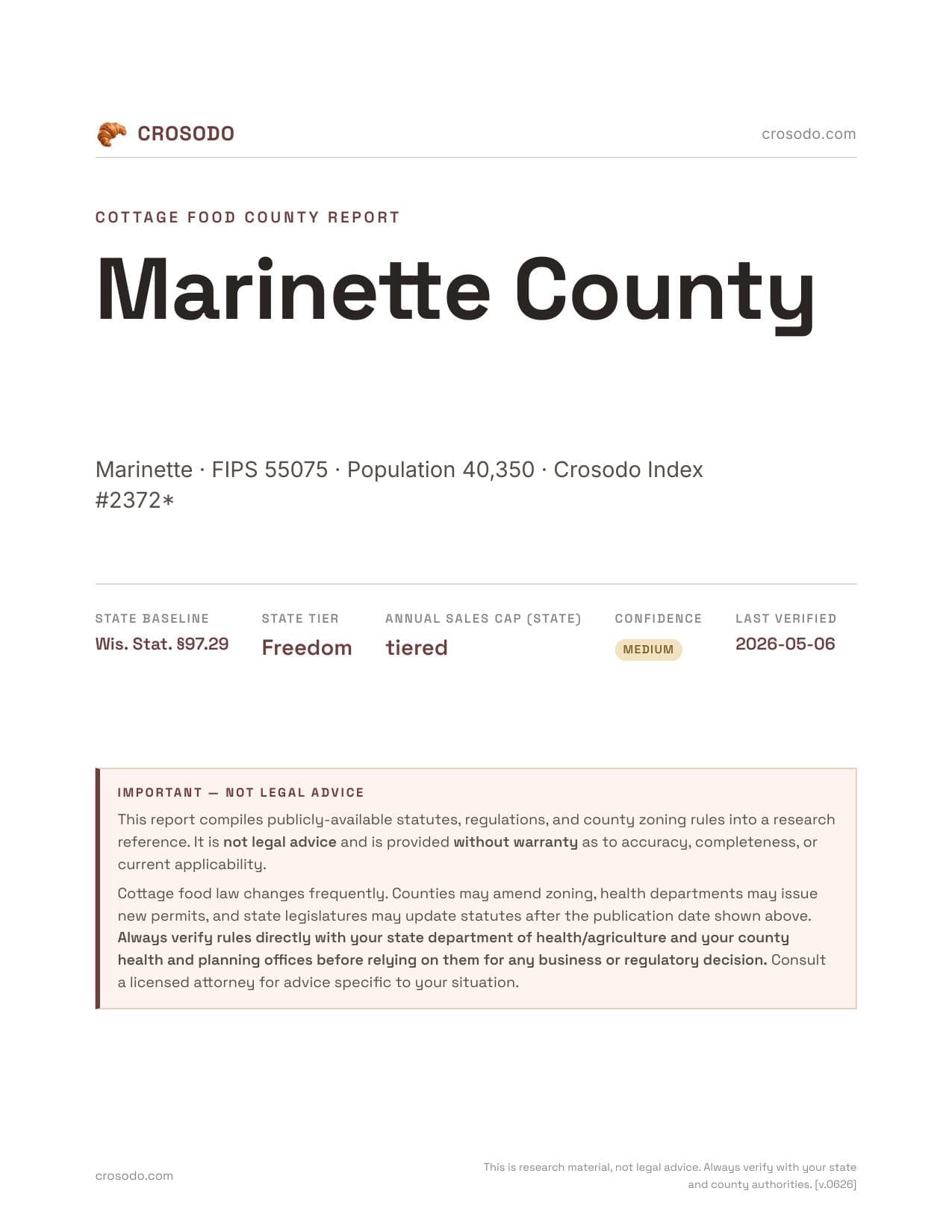 Cover of Marinette County county cottage food report