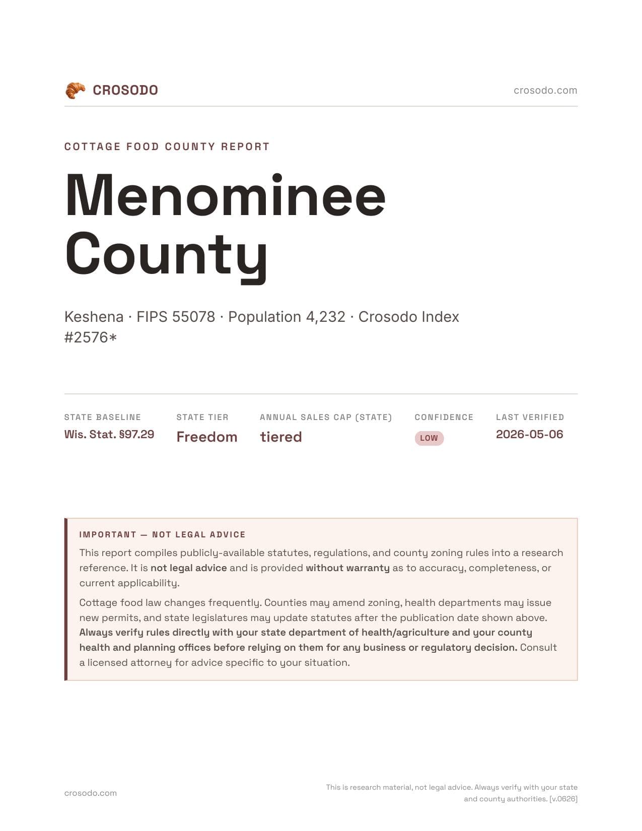Cover of Menominee County county cottage food report
