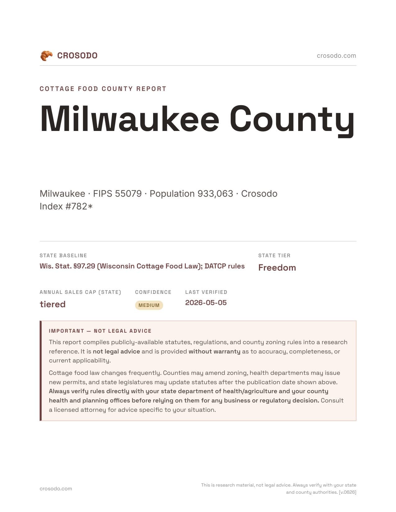Cover of Milwaukee County county cottage food report