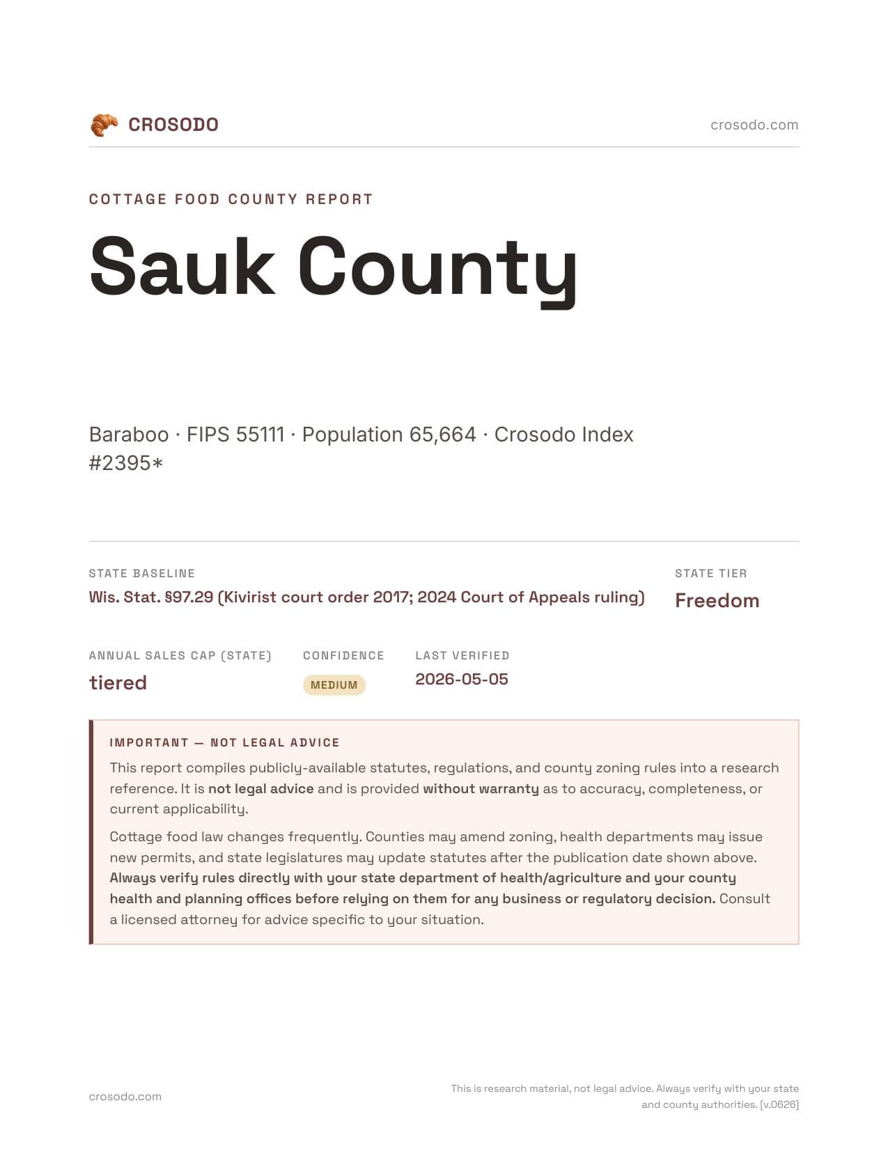 Cover of Sauk County county cottage food report