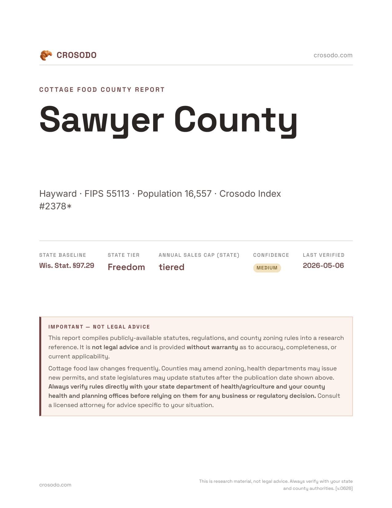 Cover of Sawyer County county cottage food report