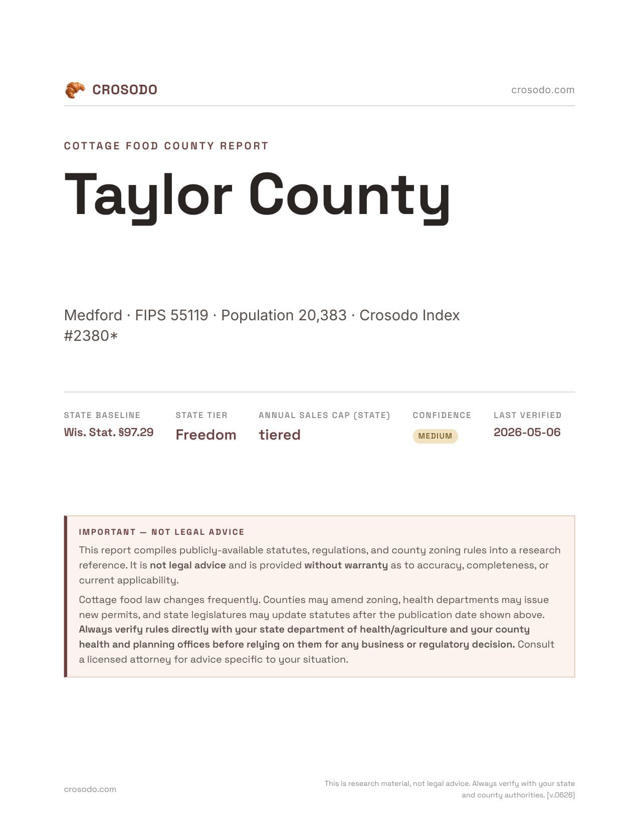 Cover of Taylor County county cottage food report