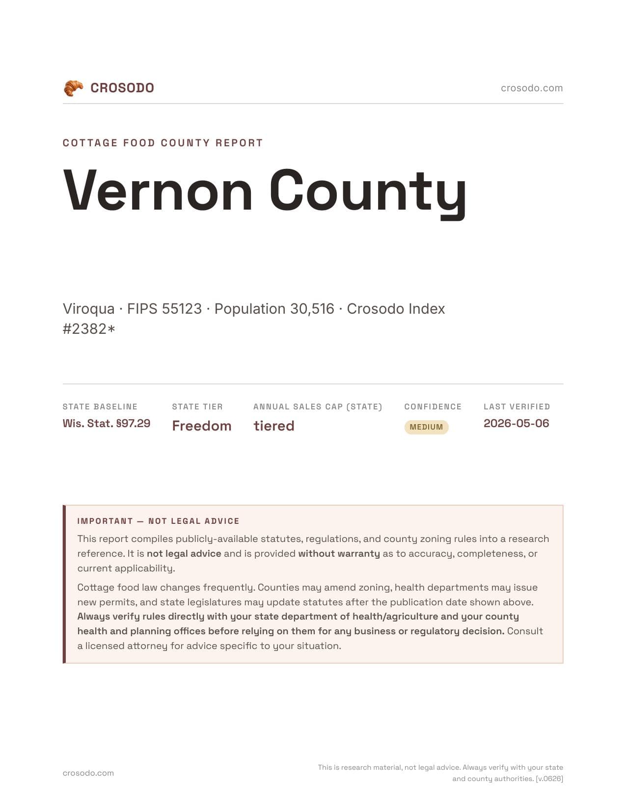 Cover of Vernon County county cottage food report