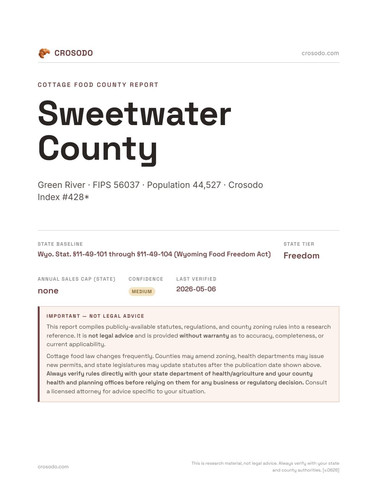 Cover of Sweetwater County county cottage food report