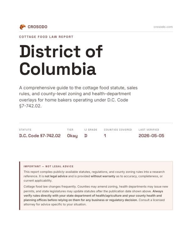 Cover of District of Columbia cottage food law PDF report