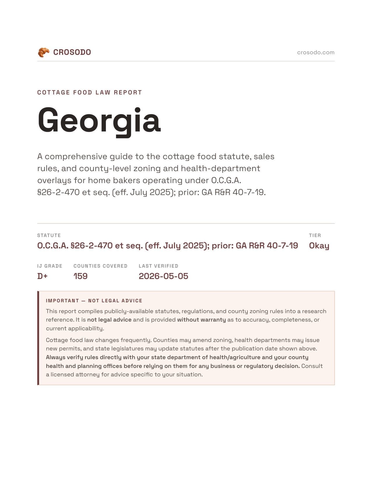 Cover of Georgia cottage food law PDF report