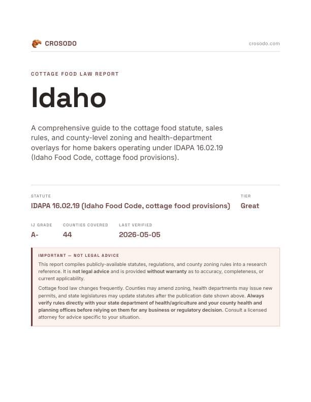 Cover of Idaho cottage food law PDF report
