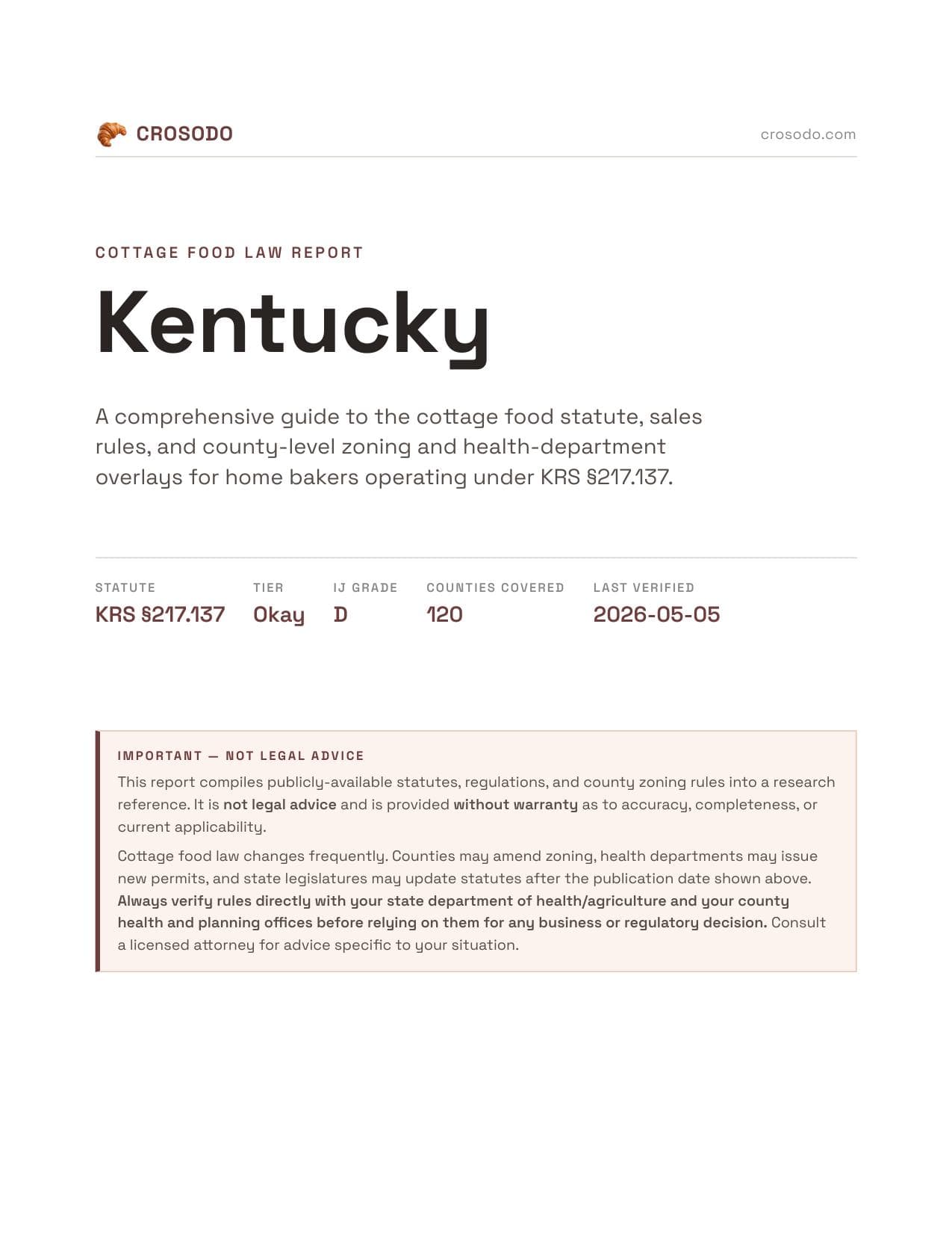 Cover of Kentucky cottage food law PDF report