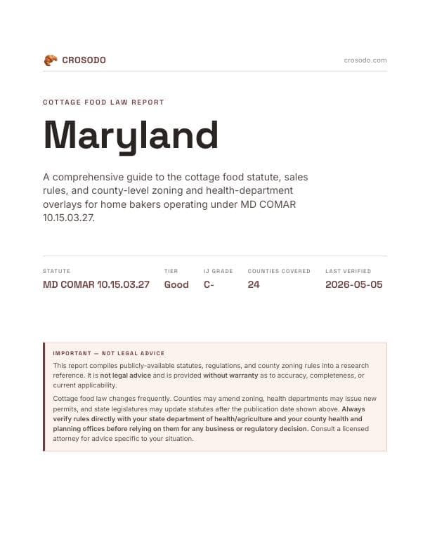 Cover of Maryland cottage food law PDF report