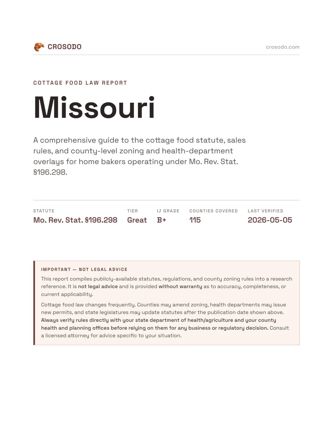 Cover of Missouri cottage food law PDF report