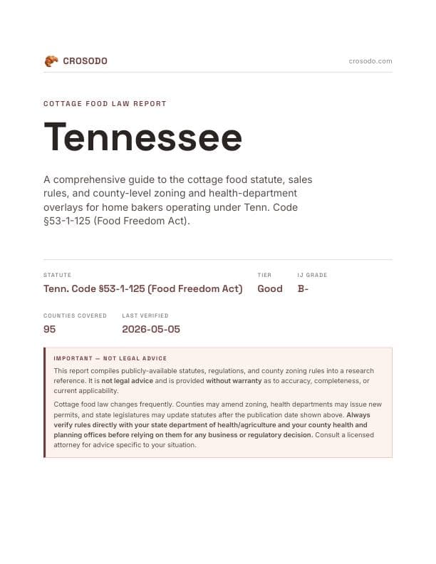 Cover of Tennessee cottage food law PDF report