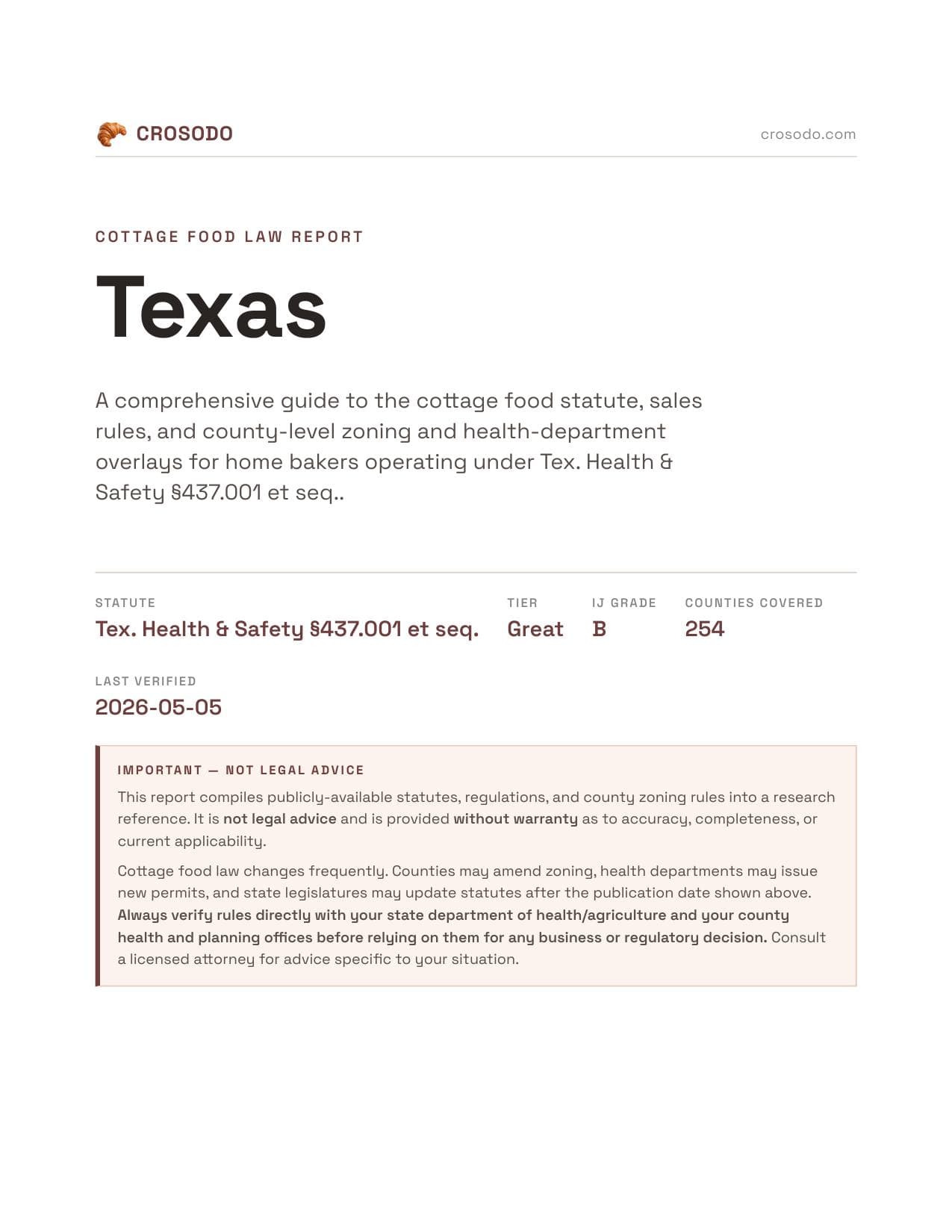 Cover of Texas cottage food law PDF report