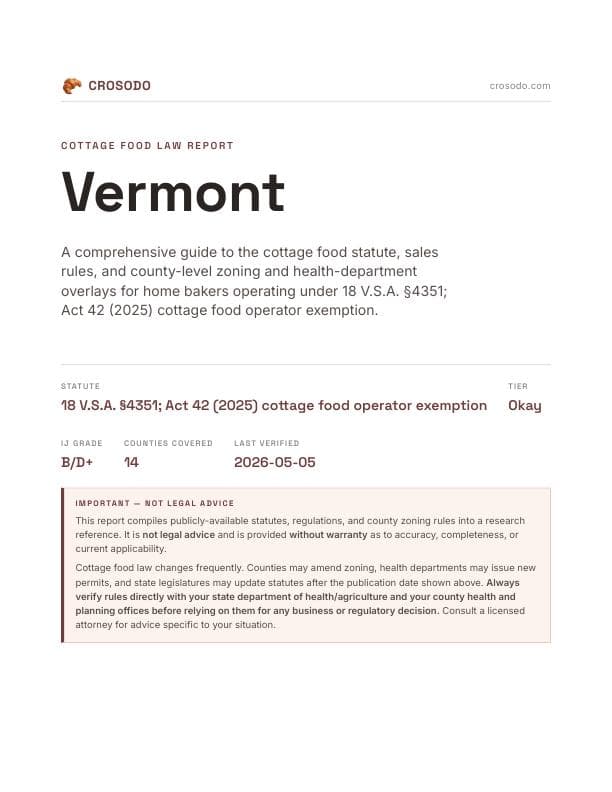 Cover of Vermont cottage food law PDF report