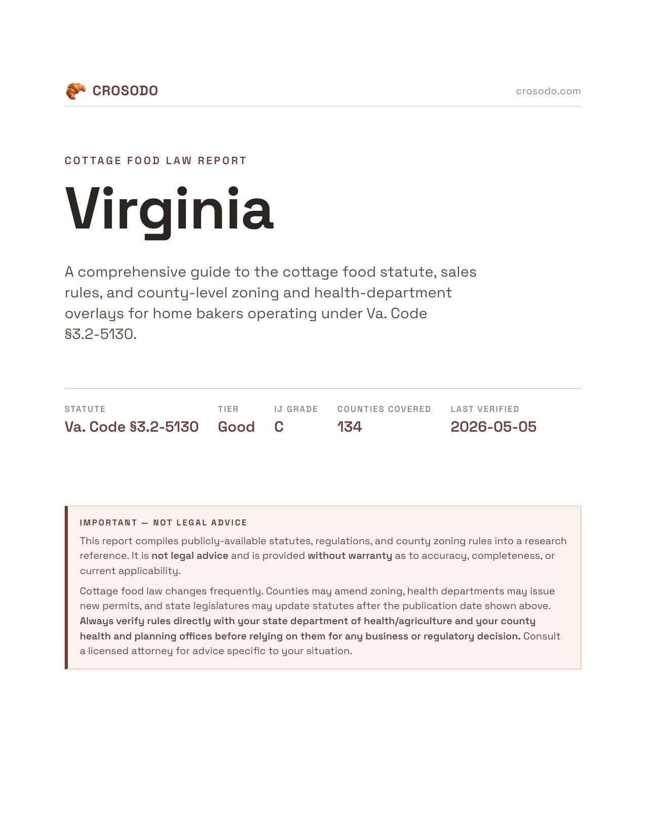 Cover of Virginia cottage food report