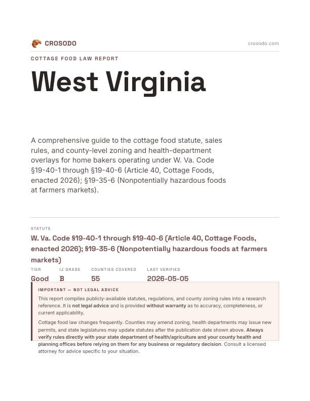 Cover of West Virginia cottage food law PDF report