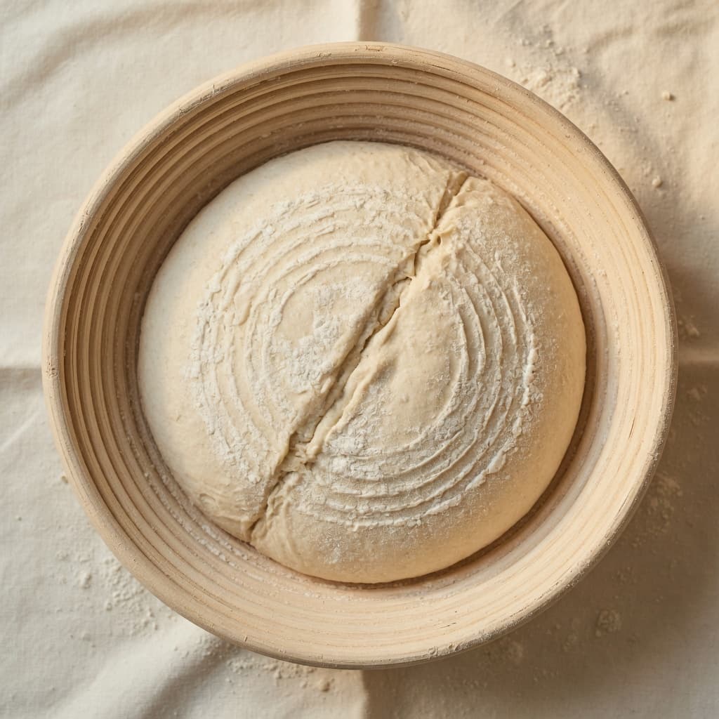 Shaped sourdough boule in a flour-dusted rattan banneton